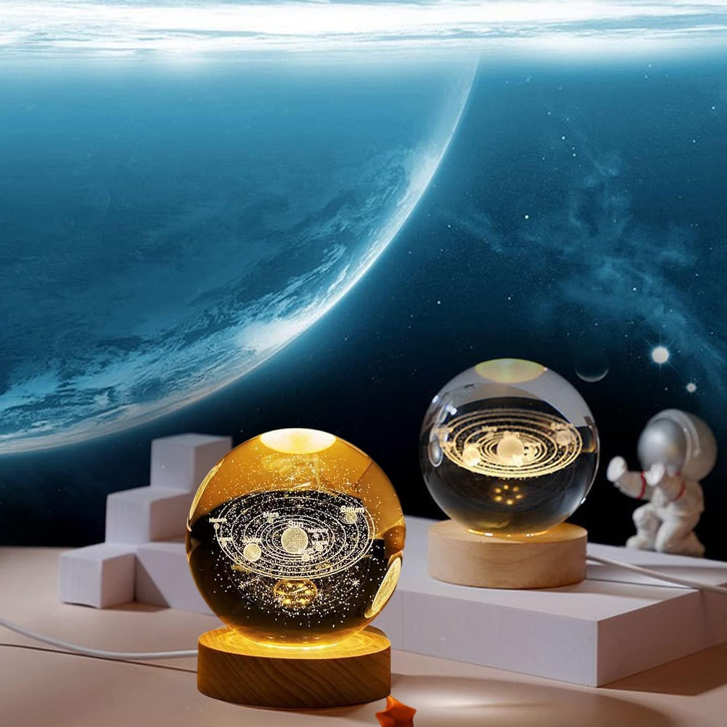 COOFANDY 3D Solar System Crystal Ball Night Light, with Removable Glow Ball, Crystal Glass Art Wooden Base Led Display Stand for