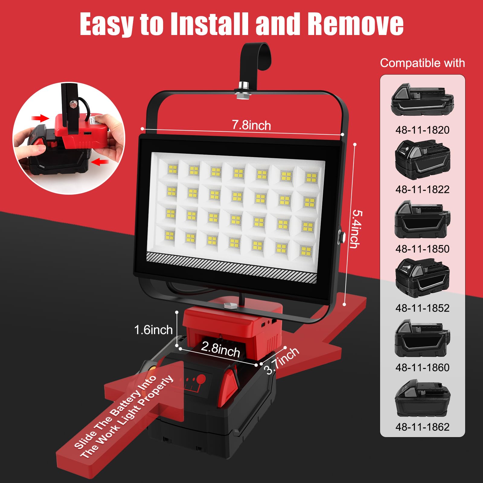 Cordless LED Work Light for Milwaukee 18V Battery, 100W 7000LM Flood Light, Battery Light for m18 Battery with USB & Type-C Char
