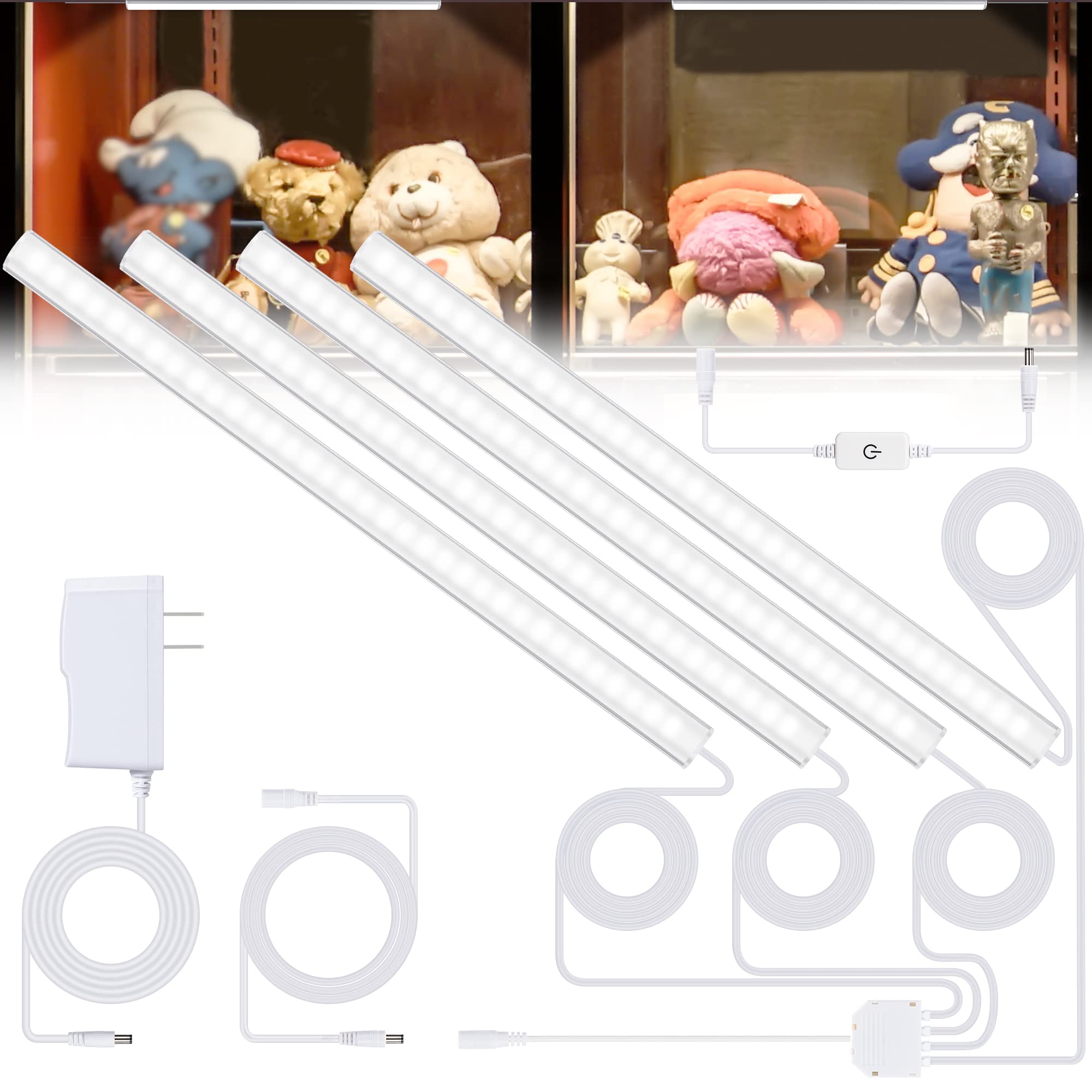 JUSJUBR 4-Pack LED Display Shelf Lights, 12 Inch Cold White Under Shelf Lighting, Aluminum, Memory Function