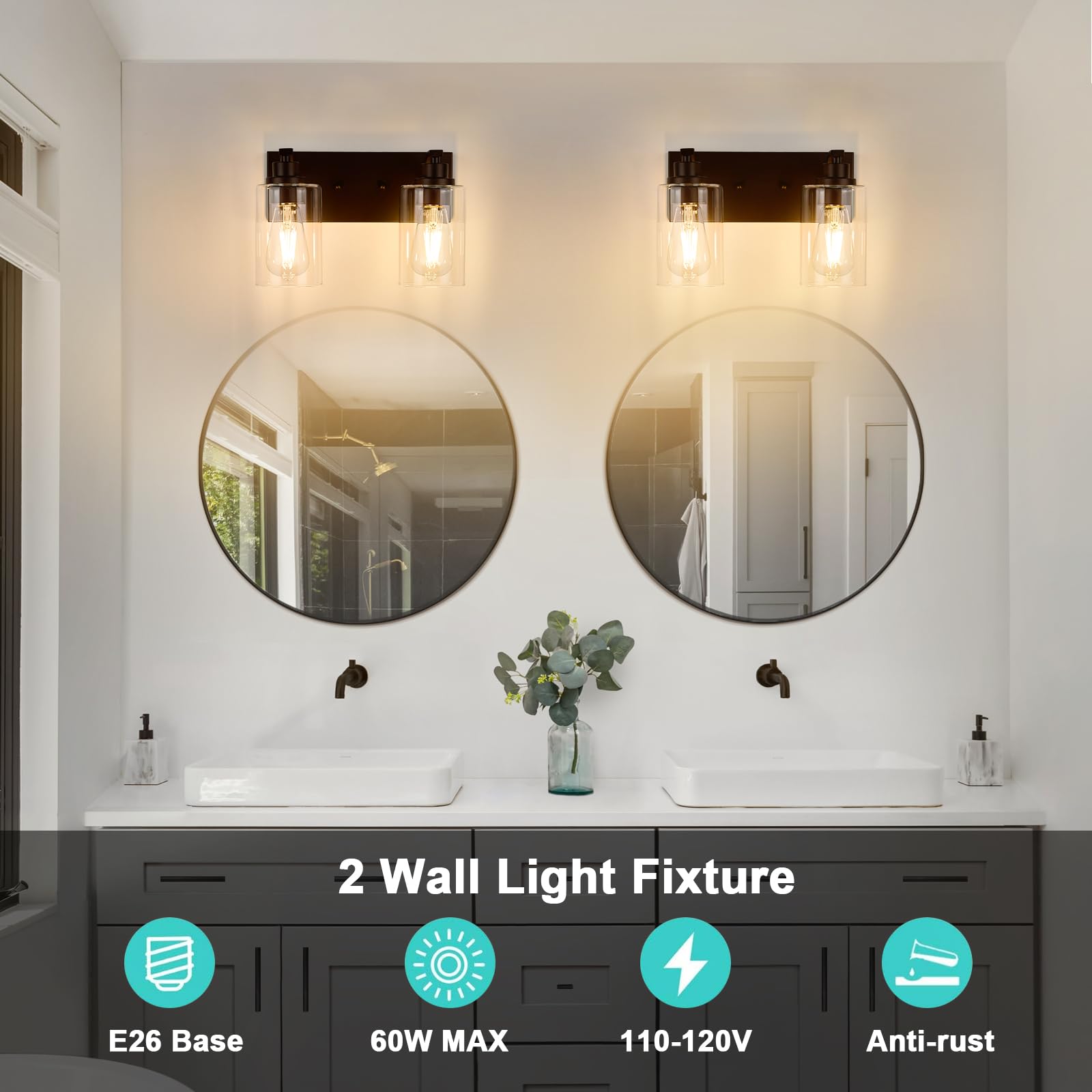 ALAISLYC 2-Light Bathroom Vanity Light Fixtures, Modern Bronze Metal, Clear Glass Shade, Model JF116, Ideal for Mirror and Hallway