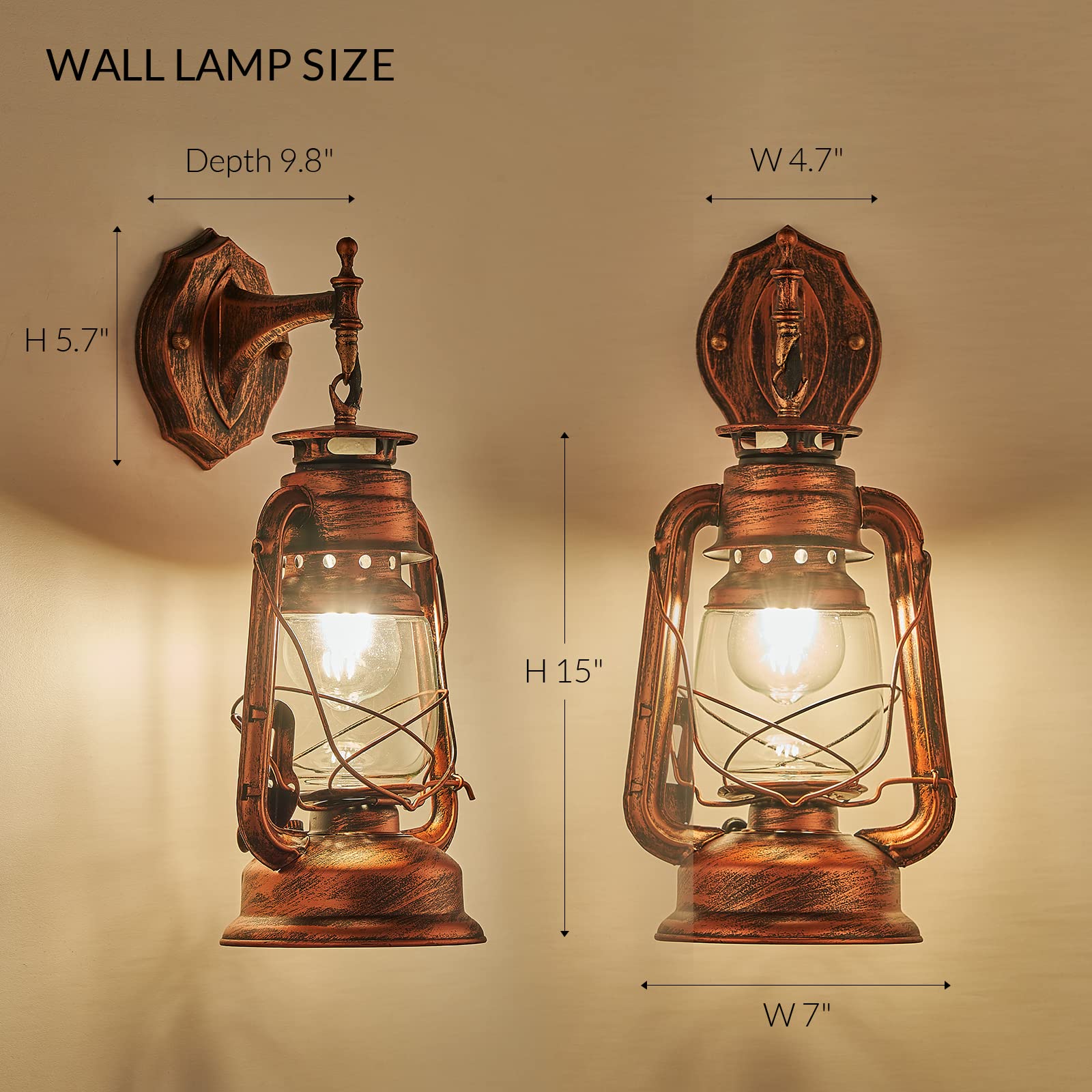 NOXARTE Rustic Wall Sconce Lantern - Iron, Anti Copper, Model YJ8554, 7"W x 15"H, Glass Lampshade for Hallway, Farmhouse, Loft