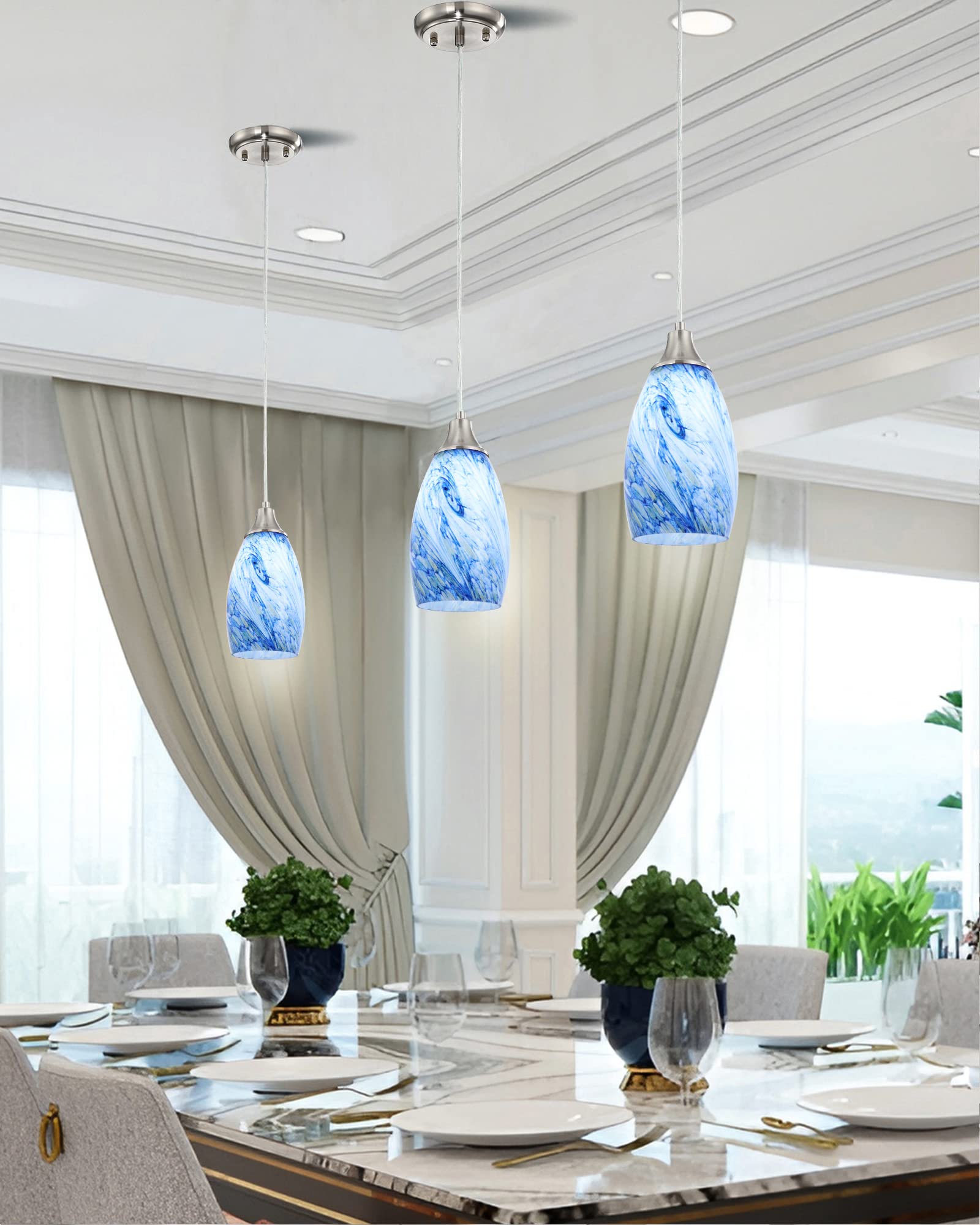 Karyfine Mini Pendant Lights Kitchen Island White Blue Glass Lamp Shade Hand Blown Glass Pendant Light With Brush Nickel Finish