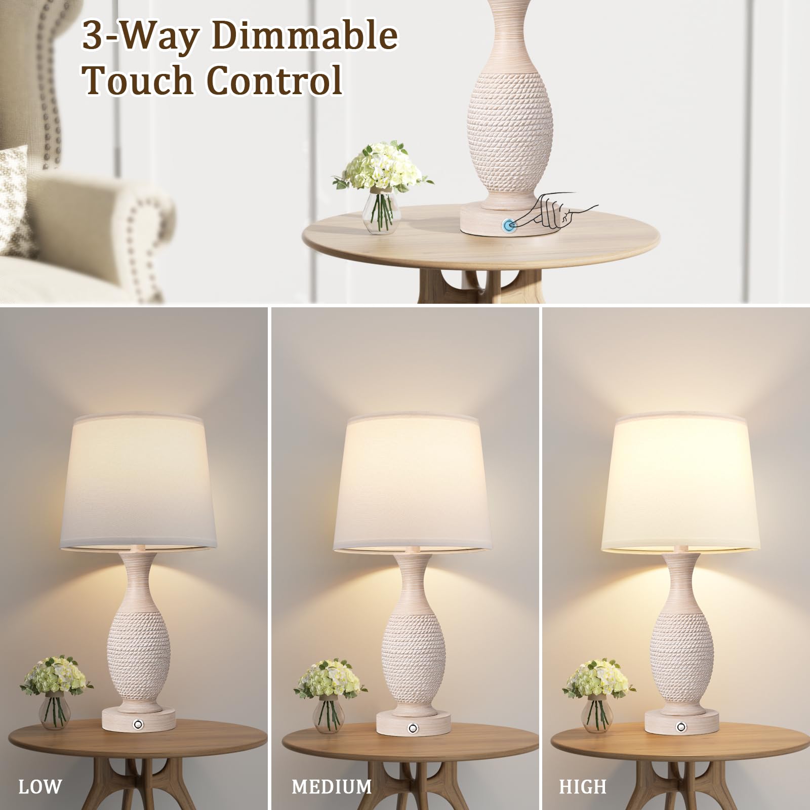 Seealle Dimmable Touch Bedside Lamps Set of 2 with USB C+A, 22.2" White Shade, Model 07031, Bulbs Included