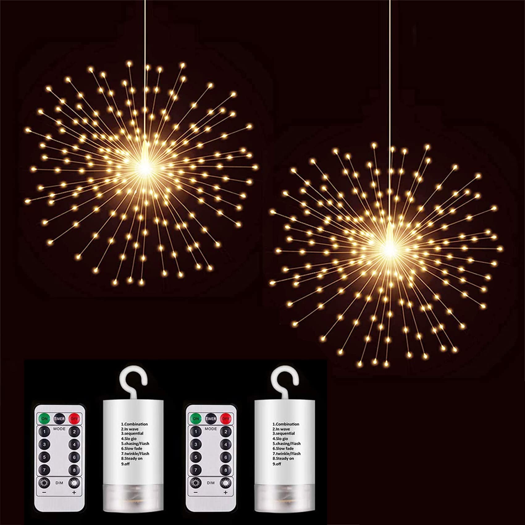 PXBNIUYA 2 Pack Starburst Sphere Lights,200 LLED Firework Lights, 8 Modes Dimmable Remote Control Waterproof Hanging Fairy Light, Copper Wire Lights for Patio Parties Christmas (Battery Operated)