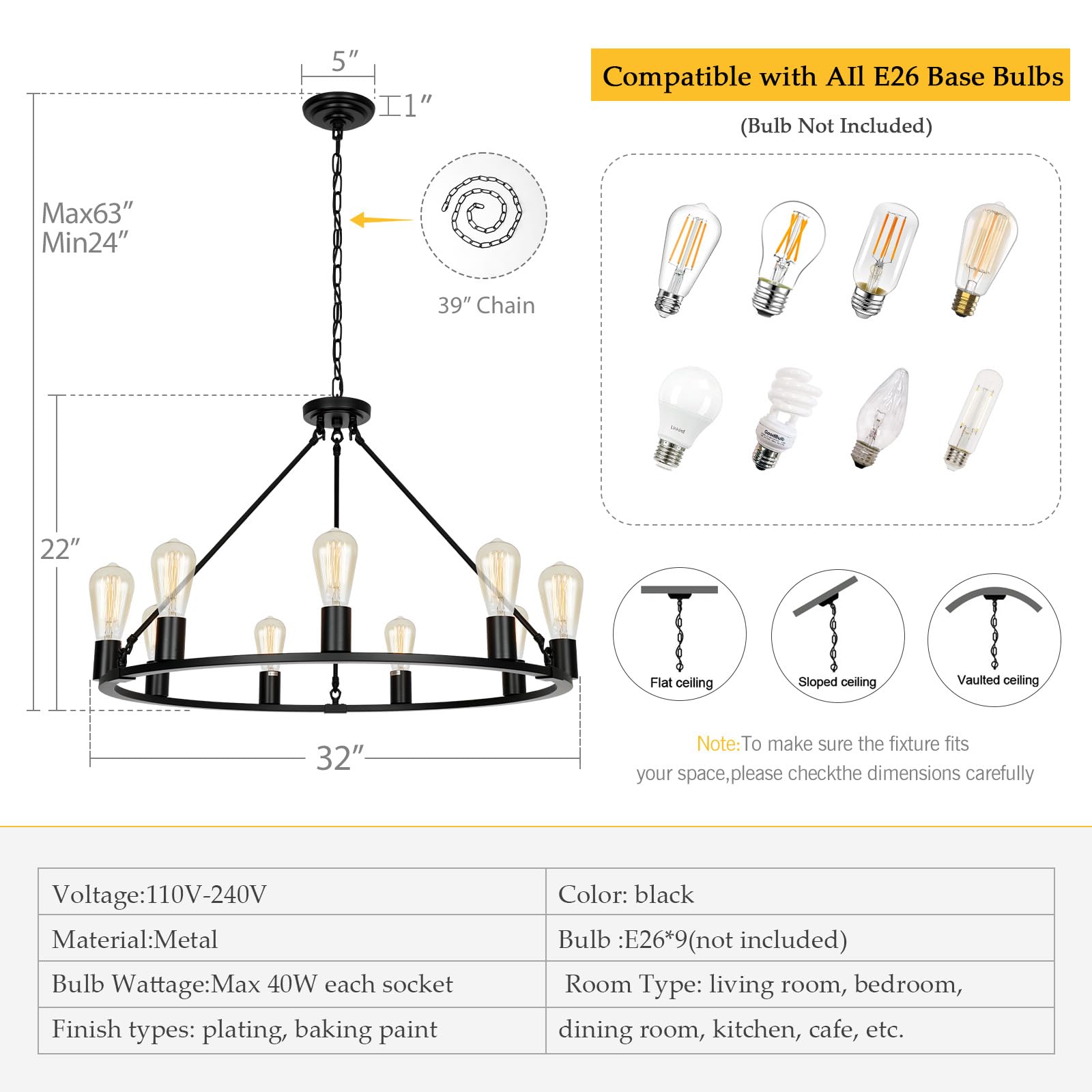 Senyshilon Black Wagon Wheel Chandelier, 9-Light Rustic Farmhouse Lighting For Dining Room
