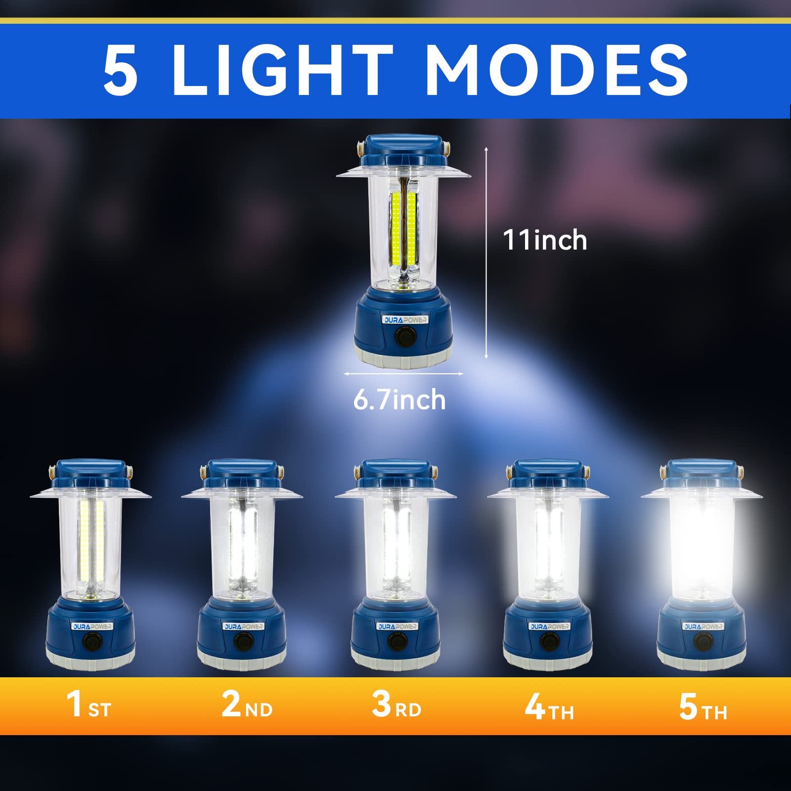 Durapower LED Camping Lantern 2000 Lumen, Rechargeable, 5 Modes, 4000 mAh, IP44 Waterproof, Blue, Model AM20-1363