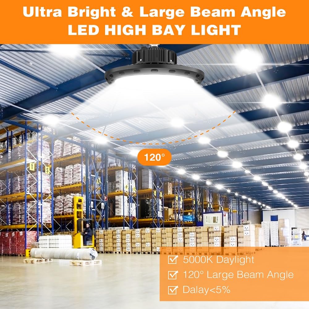 BEULT 4 Pack UFO LED High Bay Light 150W (600W MH/HPS Equiv.), 22500lm, 5000K Daylight, AC100-277V, with 5 Cable & Ring Hook, I