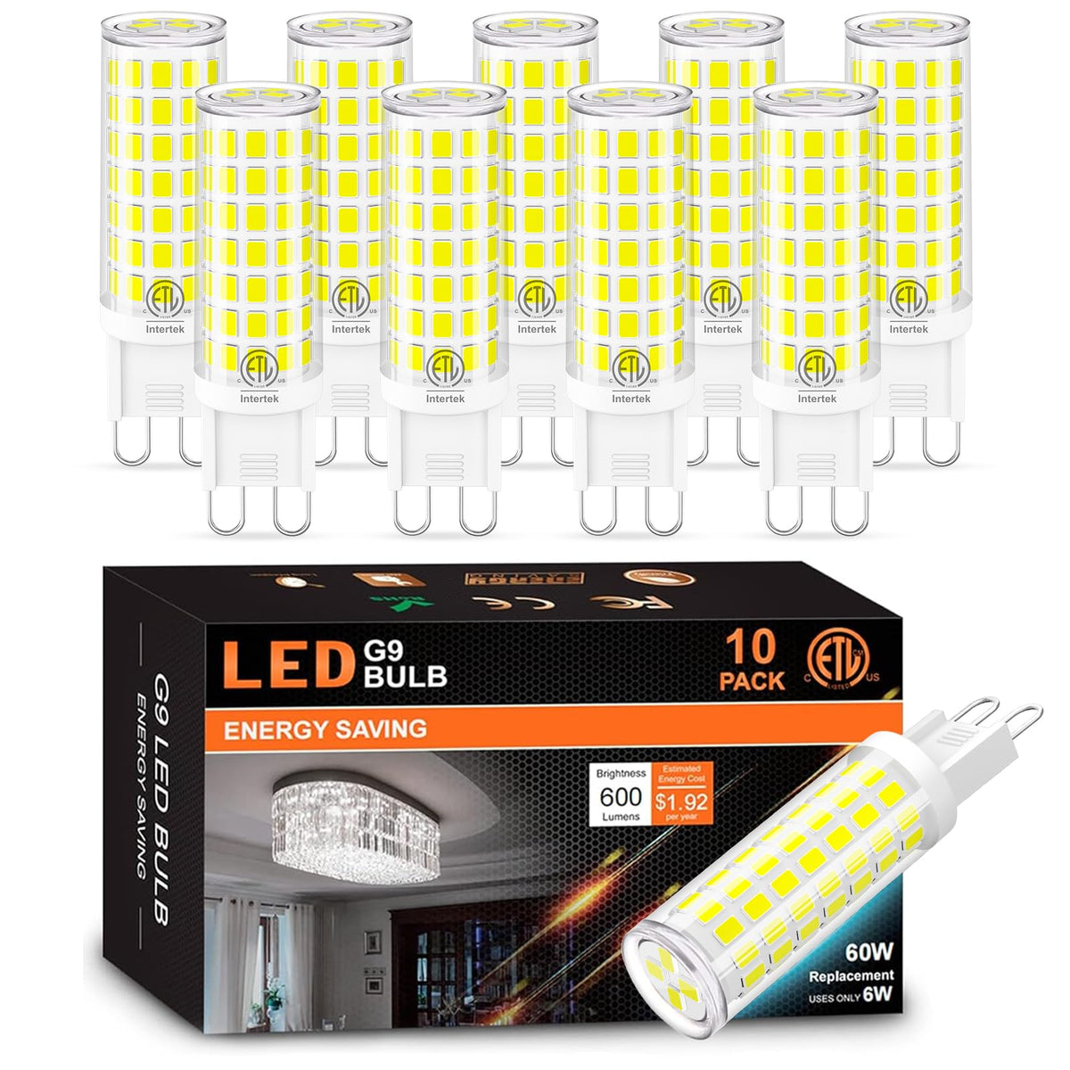 10 Pack G9 Led Bulb 5000K Daylight, Hansnag 6W (60W Halogen Replacement) T4 Chandelier Light Bulbs, G9 Bi Pin Ceramic Base 600Lm