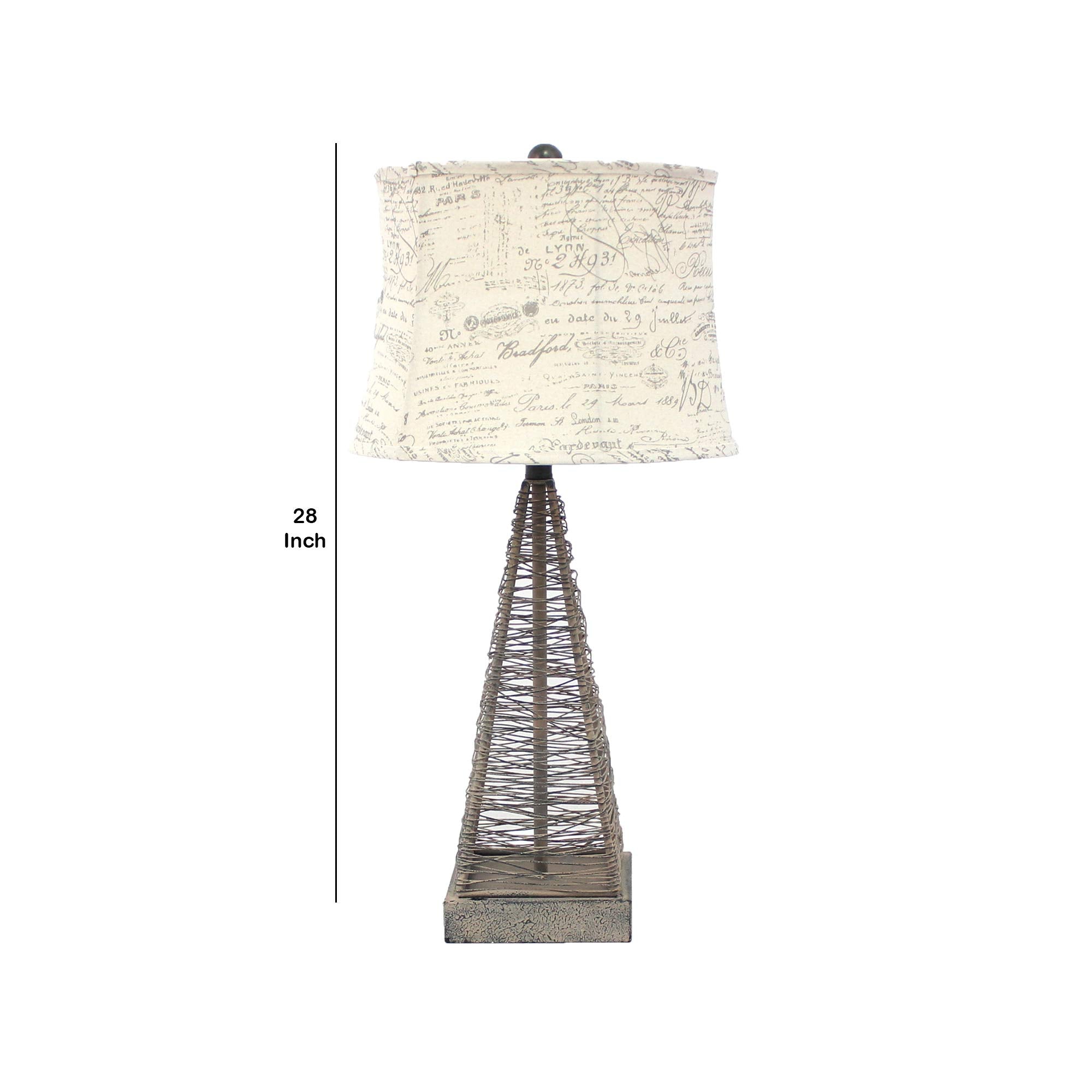 Benzara Metal Pyramid Base Table Lamp, Wire Design, Gray Shade, Model BM217244