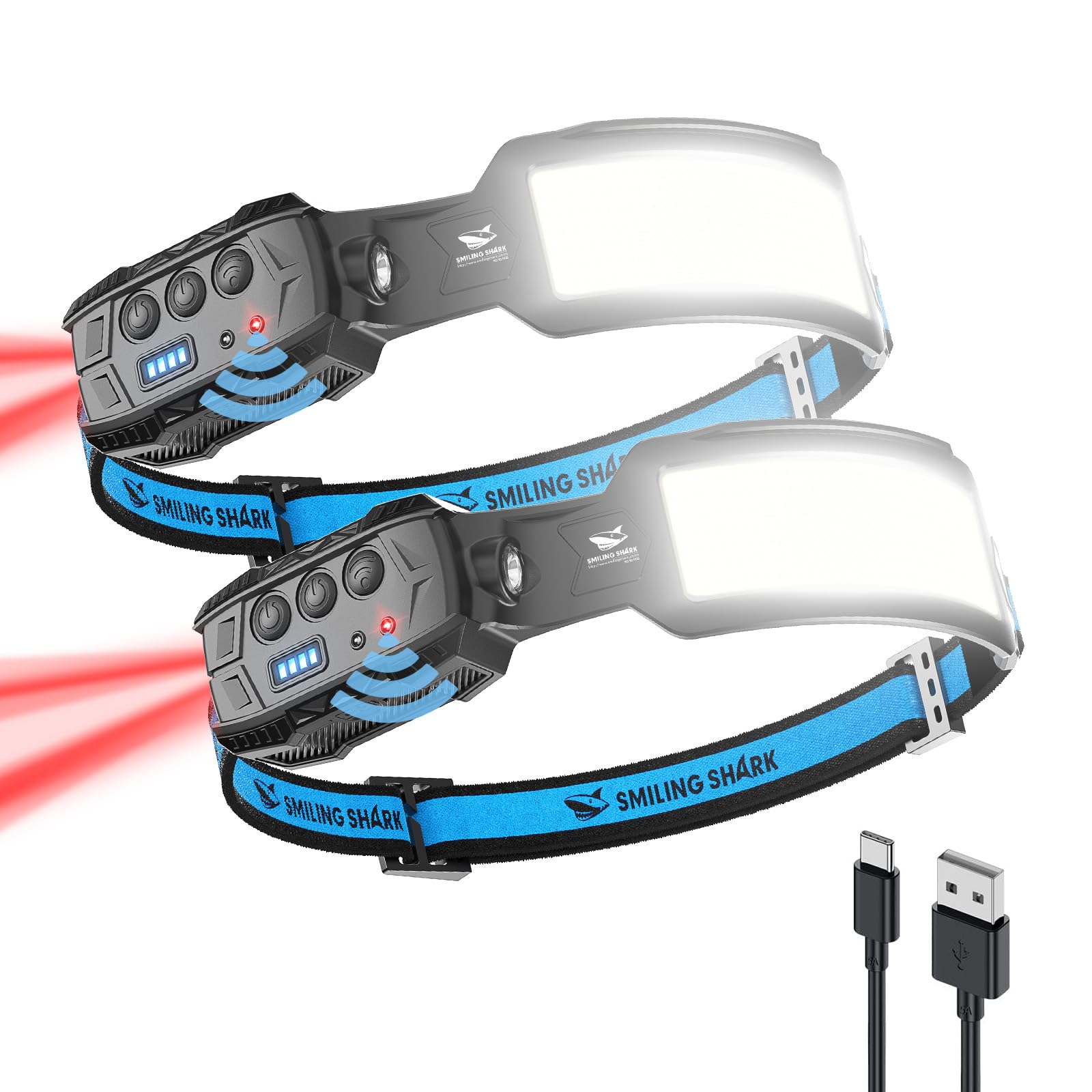 Smiling Shark Headlamp, 2 Pack Head Lamps Led Rechargeable 6 Modes 7*White Lights 270 Lighting Width Motion Sensor Red Tail Ligh