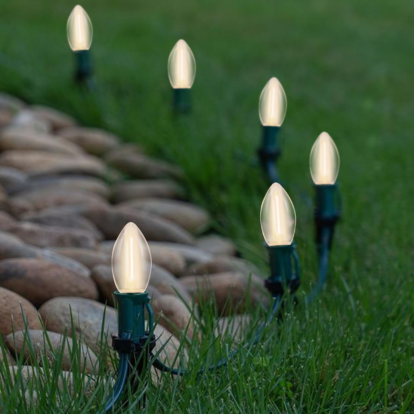 38Ft C9 LED Christmas Pathway Lights Outdoor, 25 C9 LED Warm White Christmas Pathway Stakes Lights Waterproof, Outdoor Christmas