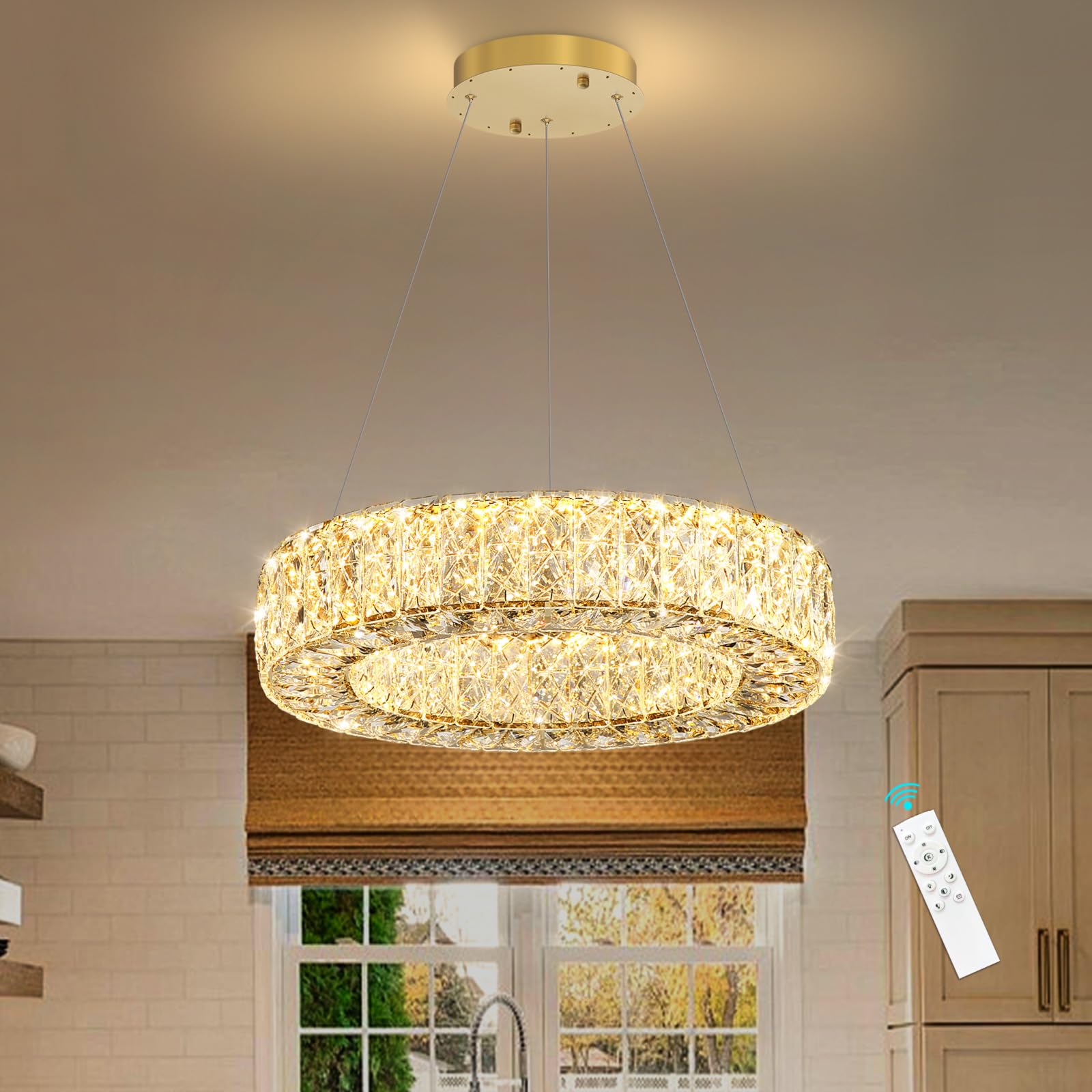 YLKP 16 Inch Chandelier Glam Dimmable LED Crystal Chandeliers Elegant Round Pendant Lighting Fixtures for Dining Room Bedrooms Gold