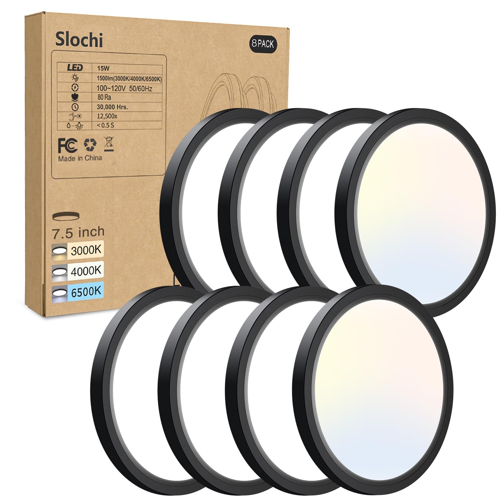 8PACK LED Flush Mount Ceiling Light Fixture, 3000K-4000K-6500K & 100W Equivalent Modern Kitchen Ceiling Lamp 15W 1500Lm 7.5 Inch