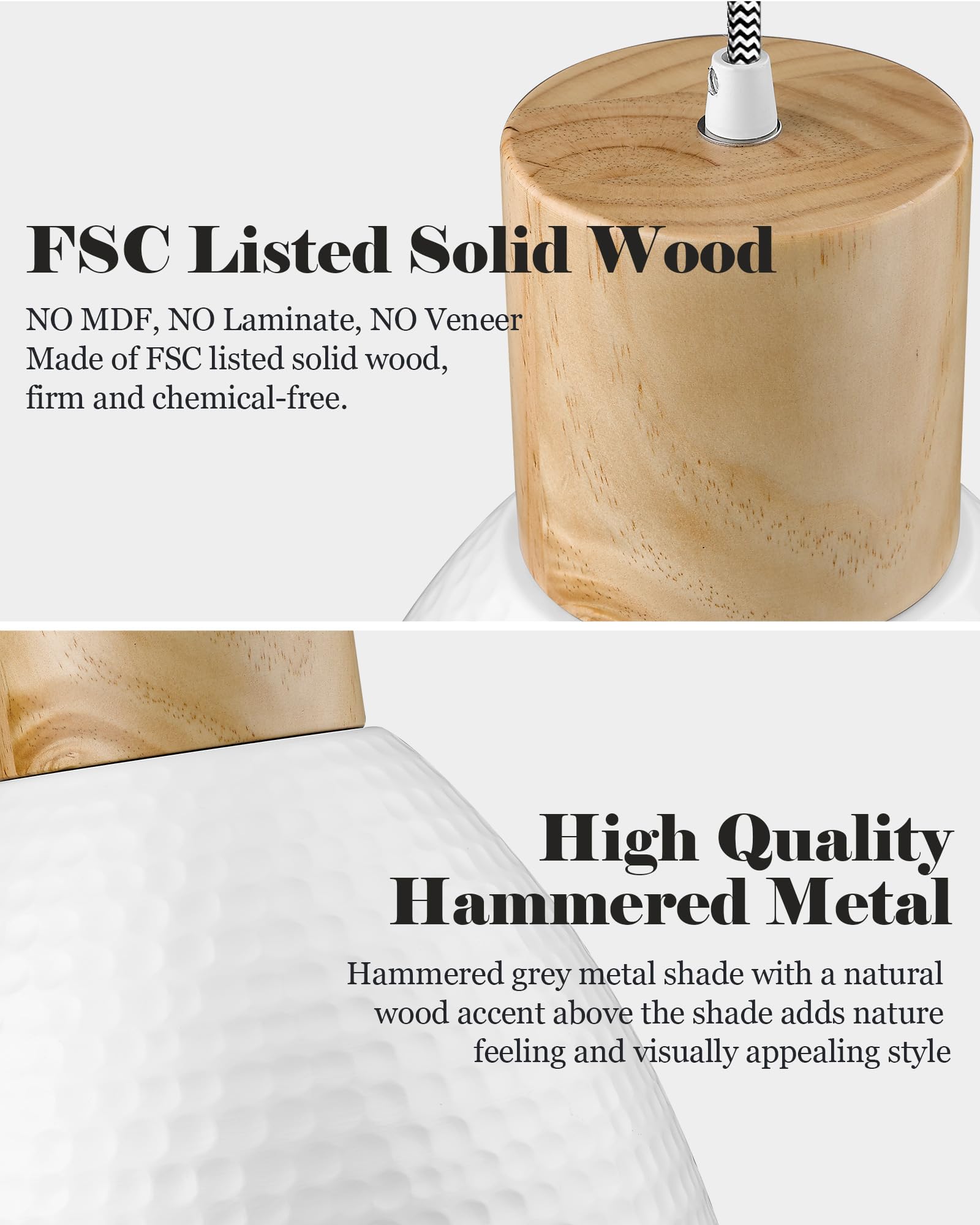 Elyona 10.2    Hammered Pendant Light Fixtures, Metal & Rubber Wood Island Hanging Lamp, Adjustable Height, Modern Pendant Light