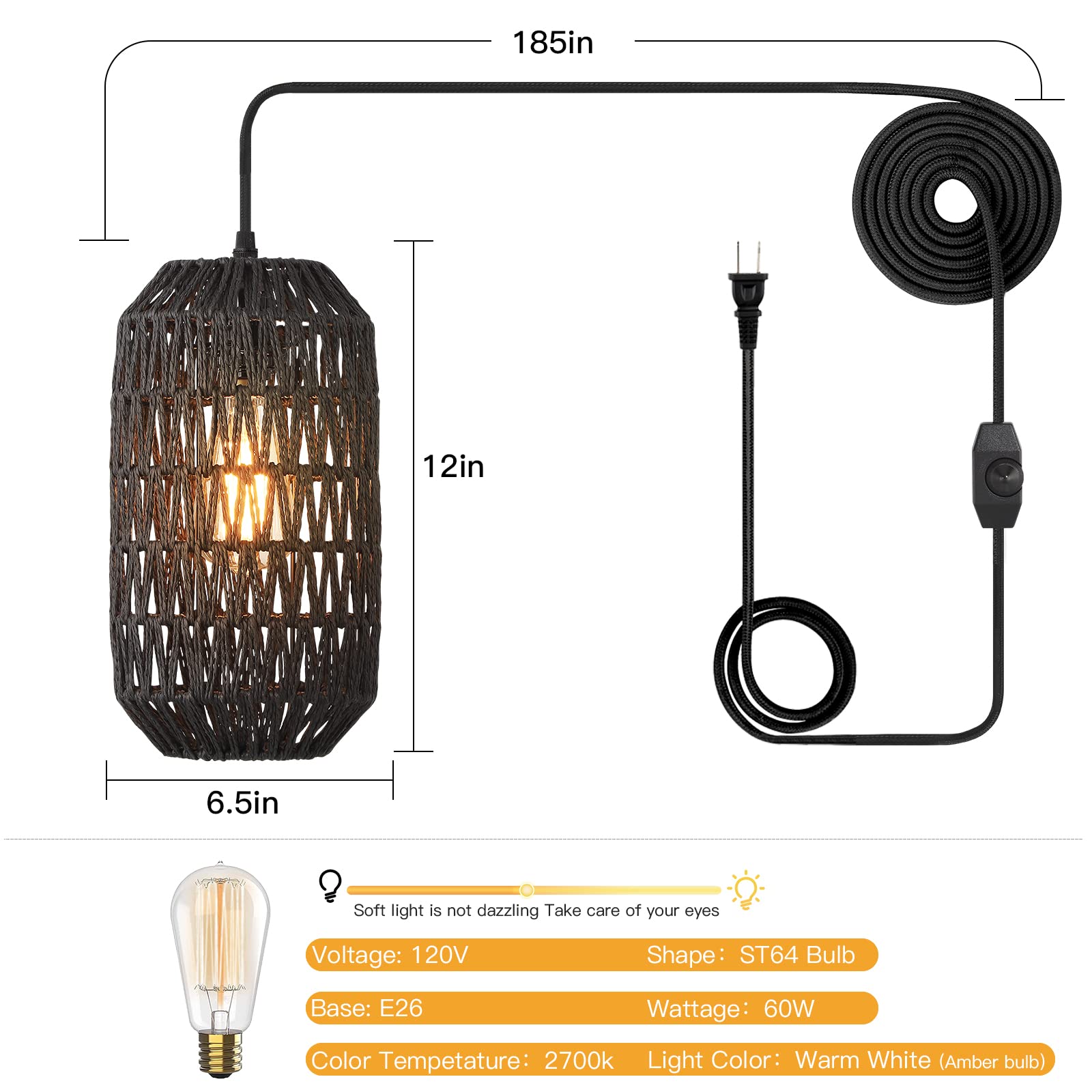 Ruzectt Rattan Pendant Light with 15ft Dimmable Cord, Boho Wicker Hanging Lamp, Black-B, Model DD-RZ-128 for Kitchen & Living Room