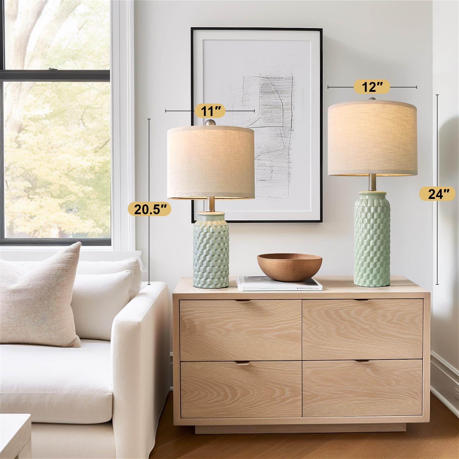 Usumkky 24'' Modern Ceramic Green Bedside Lamp Set Of 2 Table Lamp For Bedroom Decor Farmhouse Table Lamp For Living Room Office