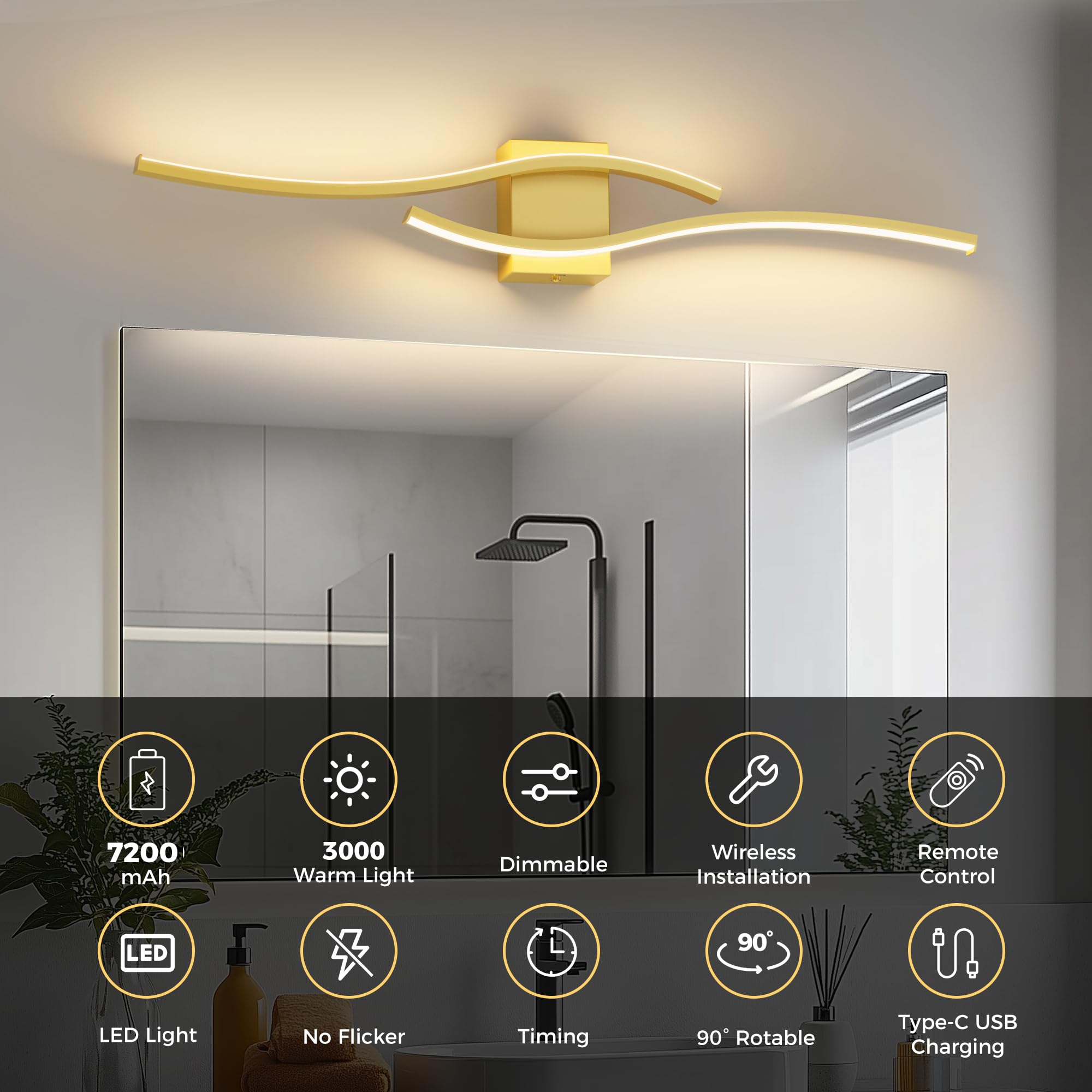 L LOHAS LED Wall Sconces Set of 2, Dimmable 3000K, 31.6in, Gold, Battery Operated, Metal, Model 510c4847