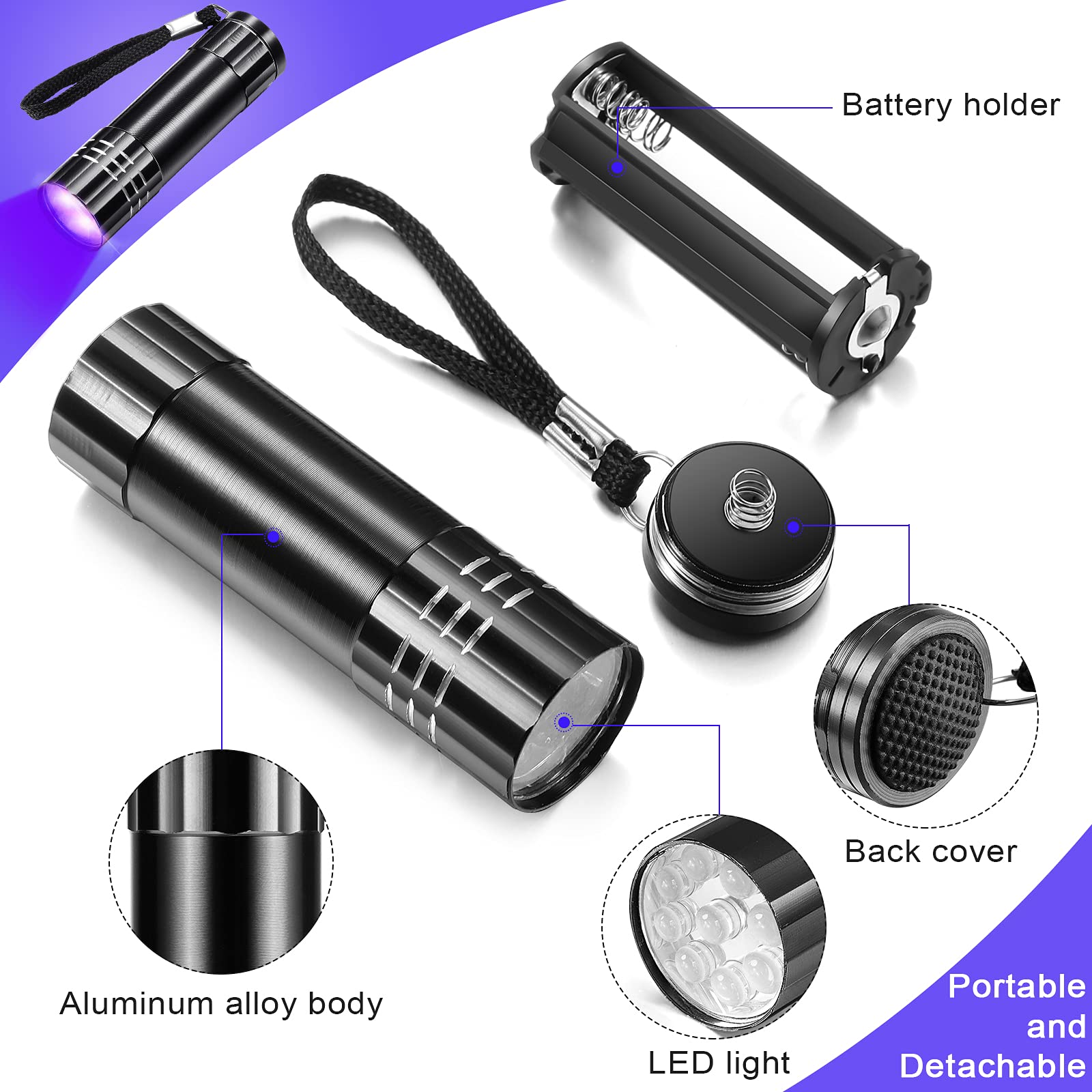Riakrum 12-Piece Mini Blacklight Flashlight Set, 395nm UV LED, Portable Black Aluminum, Model Riakrum-Light-91