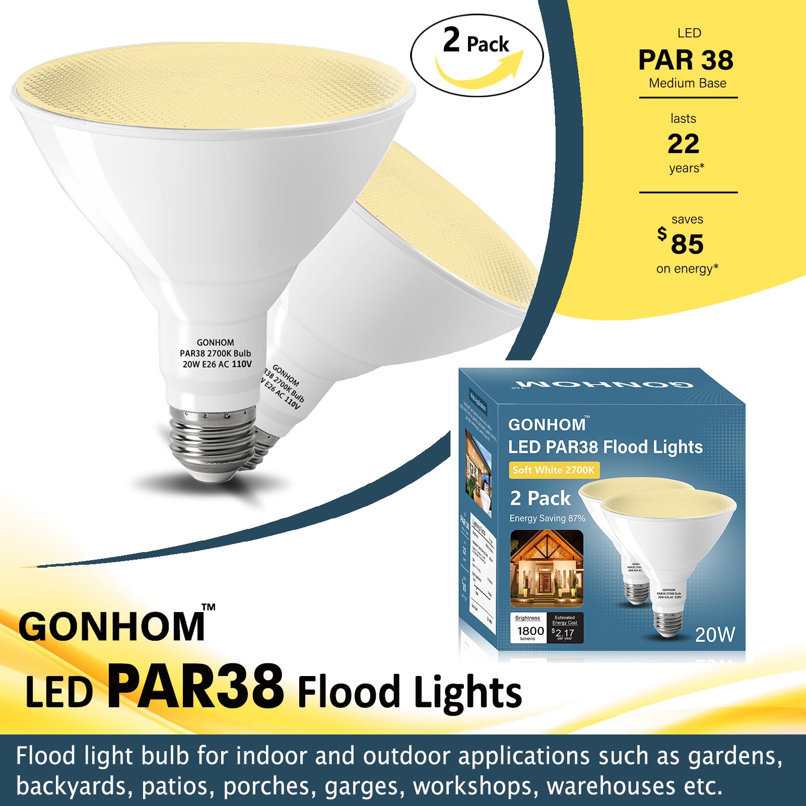 Gonhom Par38 Led Flood Light Bulbs Outdoor 6 Pack, Dimmable Soft White 2700K, 20W Replace Up To 200W, 1800Lm, E26 Base Outdoor F