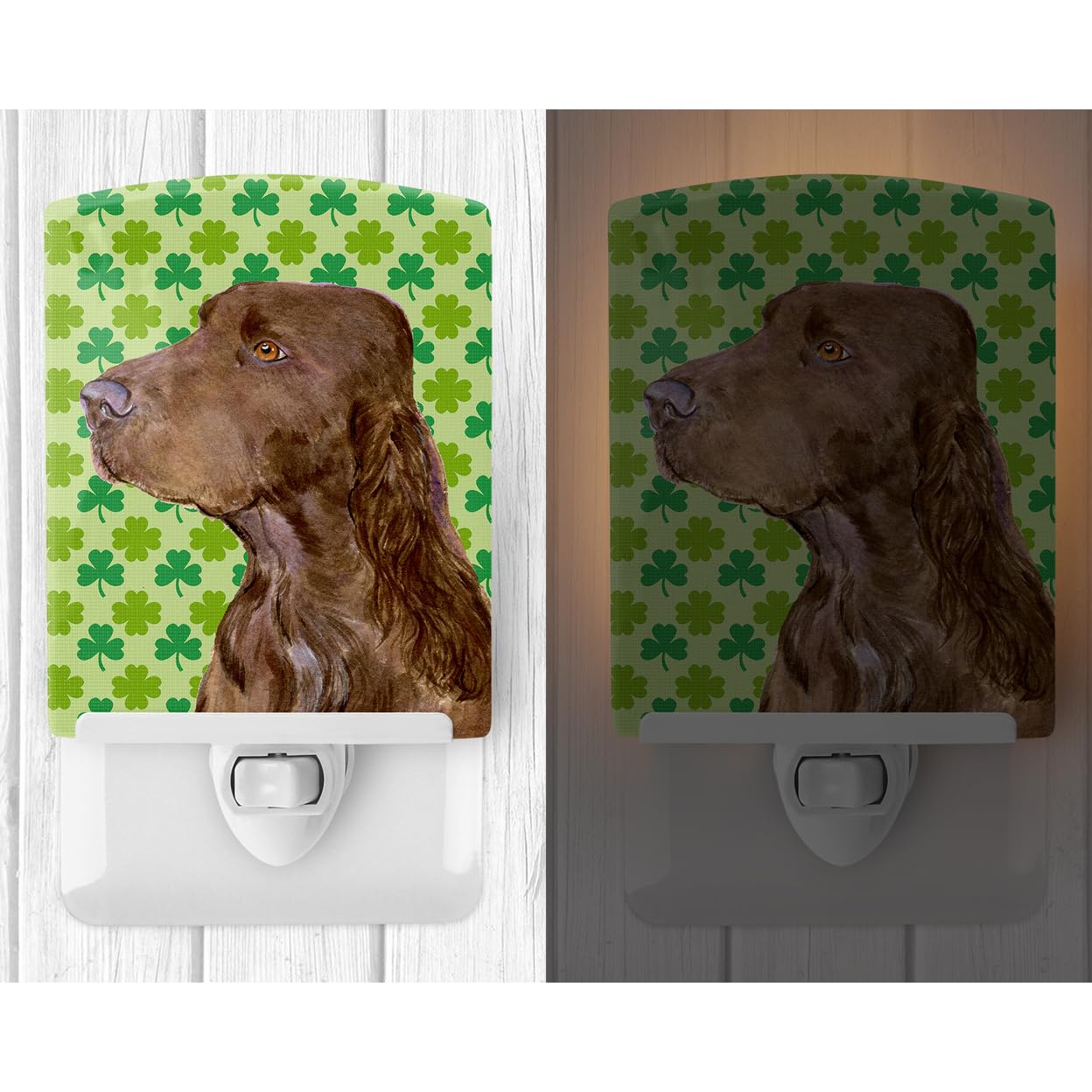 Caroline'S Treasures Ss4456Cnl Field Spaniel St. Patrick'S Day Shamrock Portrait Ceramic Night Light Compact, Ul-Certified, Ideal For Bedroom, Bathroom, Nursery, Hallway, Kitchen, 6X4X3, Multicolor