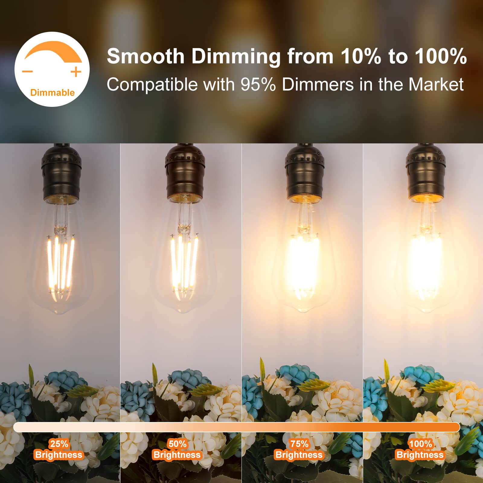 PARTPHONER LED Vintage Edison Bulbs, Dimmable, 60W Equivalent, Warm White 2700K, ST58, Clear Glass, Pack of 4