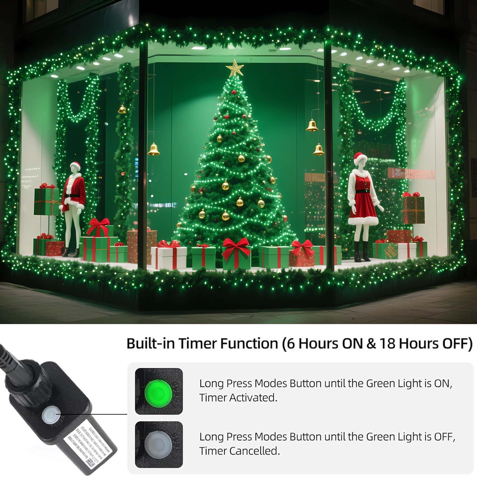 Tcamp 306FT 1000 LED Green Christmas Lights, 8 Modes with Timer, Green Wire Starry Fairy Light, Model QL300AE
