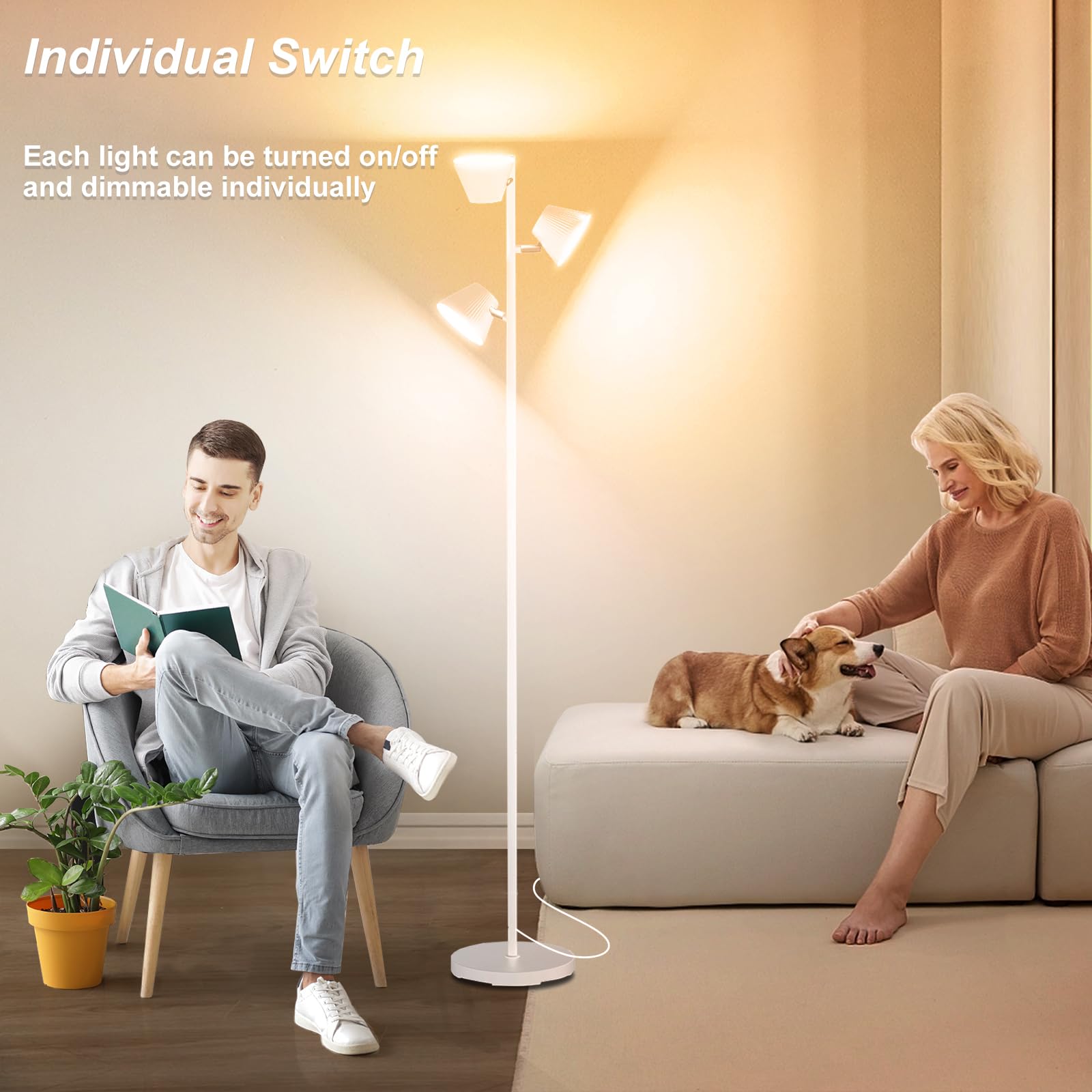 Pesken White 42W Tree Floor Lamp, Super Bright Led Standing Lamp With Remote, Modern Dimmable Floor Lamps,Individual Control, Ro