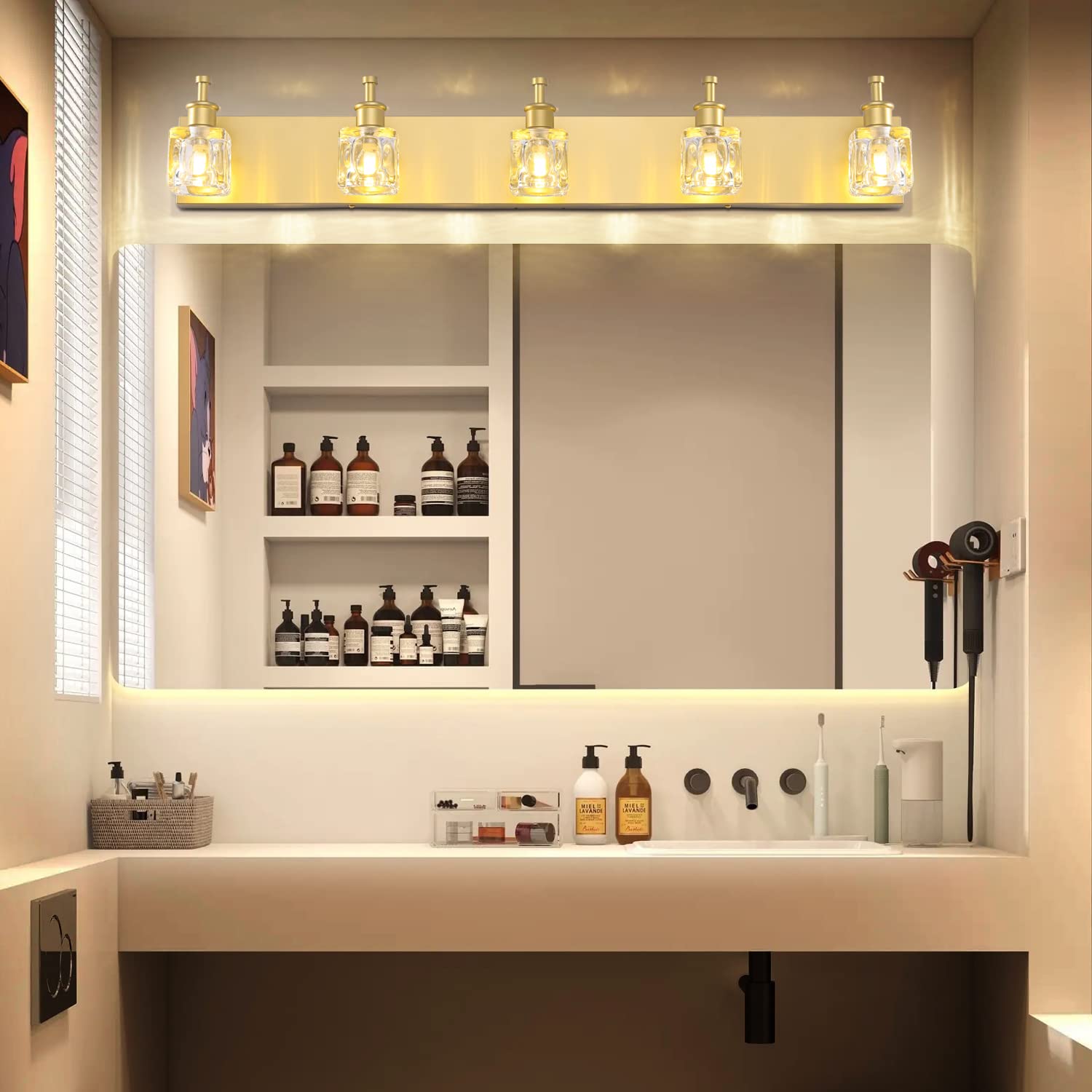 PRESDE Modern Crystal Vanity Light Fixture, 5 Lights, Gold Finish, Bathroom Wall Light for Over Mirror