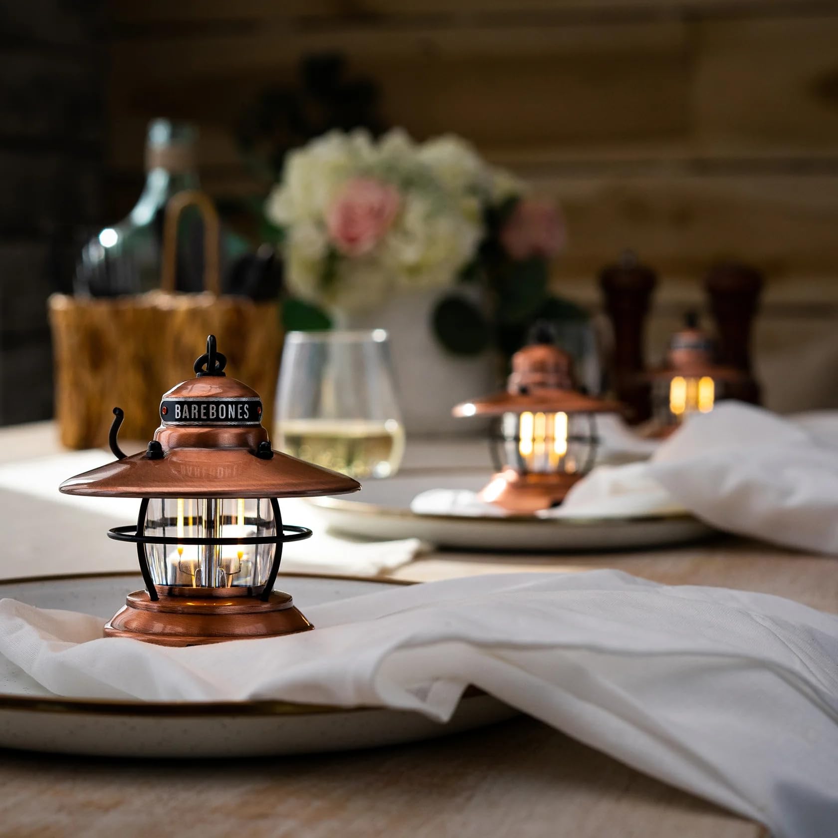 Barebones Edison Mini Lantern - 3 Packs Copper, Vintage LED Camping Lantern with Adjustable Brightness - Compact Weatherproof Ou