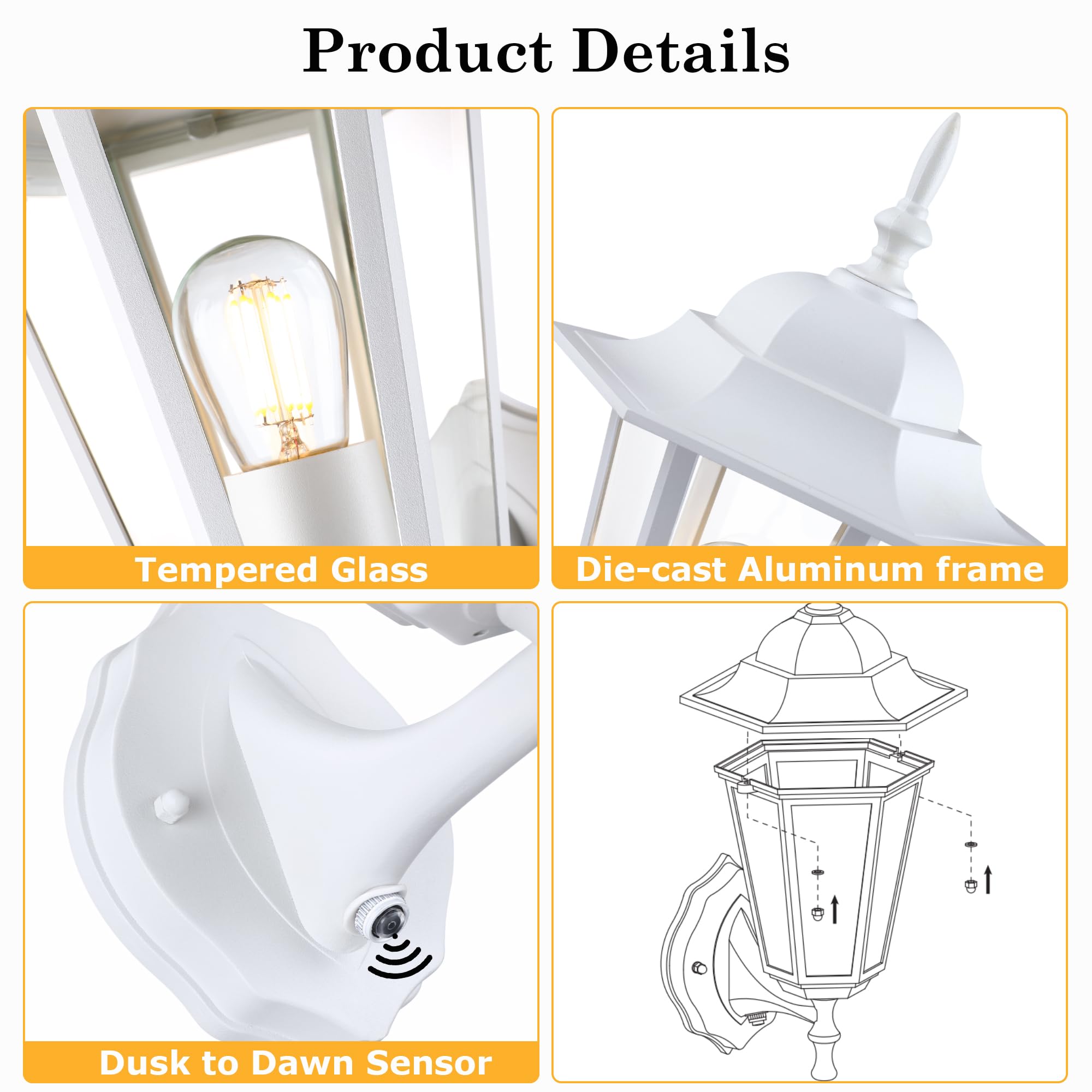 GRUENLICH Dusk to Dawn Outdoor Wall Sconce, 14in White Aluminum, Clear Glass, 2 Pack, Model GR-WL003D2D-WT-2PK