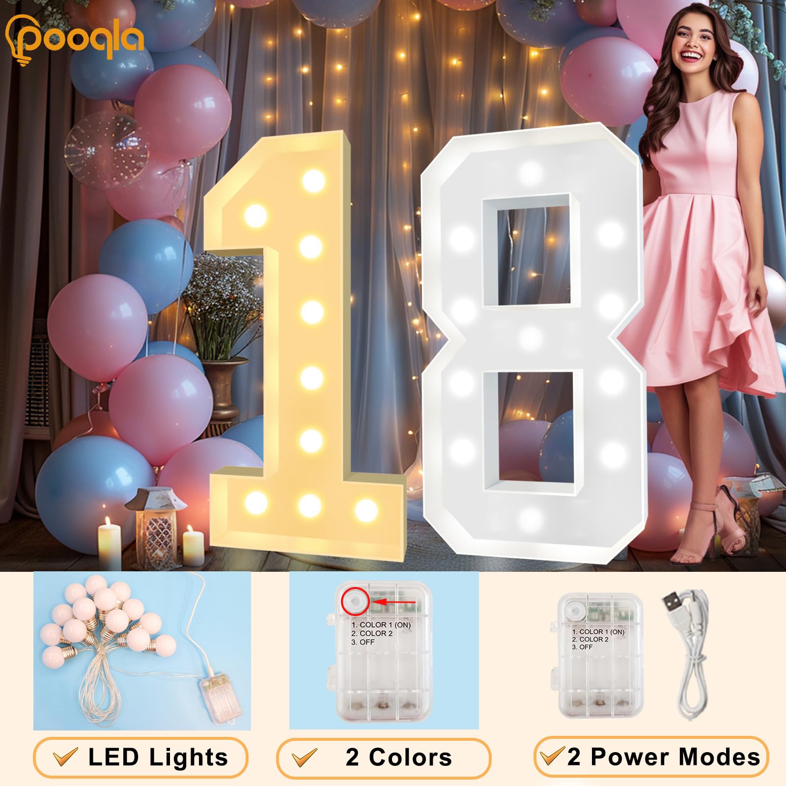 Pooqla Light Up Marquee Numbers, 4FT Cool White & Warm White LED, Number 1, Plastic Material, Model 3FT-FXDJ