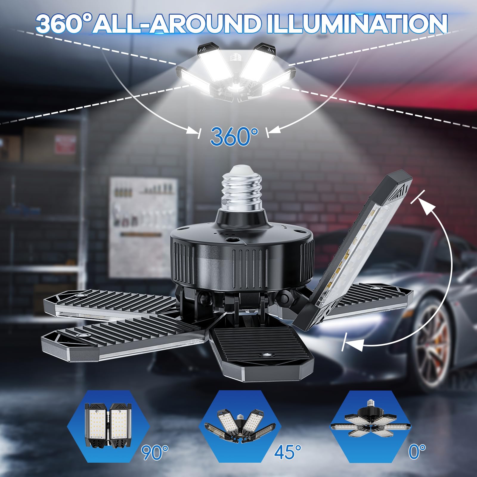 Xinghuanlit Garage Lighting 2 Pack - 200W 20000Lm Led Garage Lights 6500K With 6+1 Adjustable Panel, Screw In E26/E27 Bulb Socke