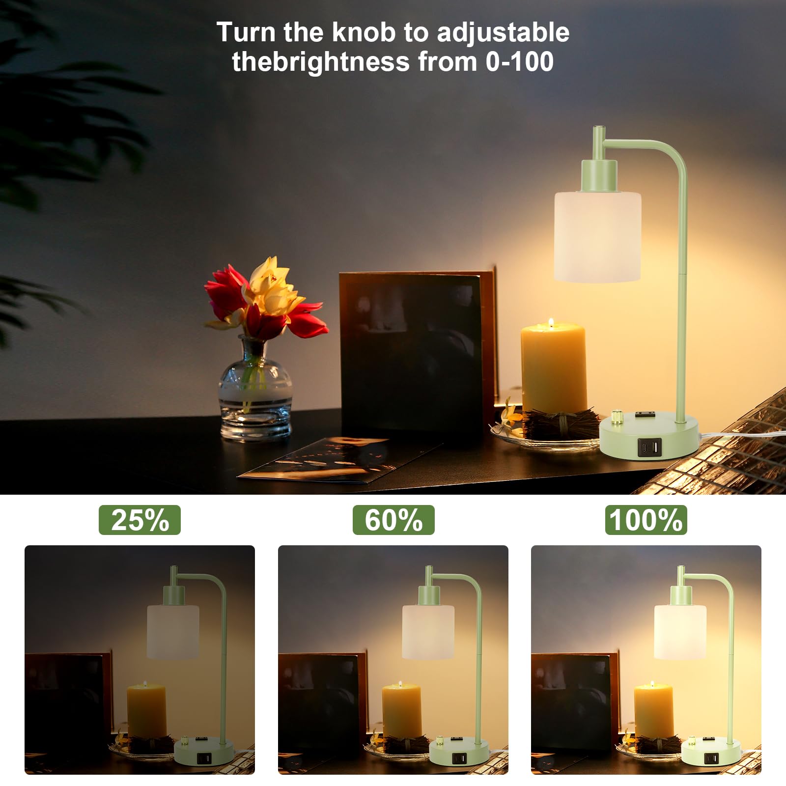 Gliti Industrial Table Lamp Desk Lamp, Stepless Dimmable Desk Lamp With 2 Usb Ports And Ac Power Outlet, Frosted Glassshade, Eye