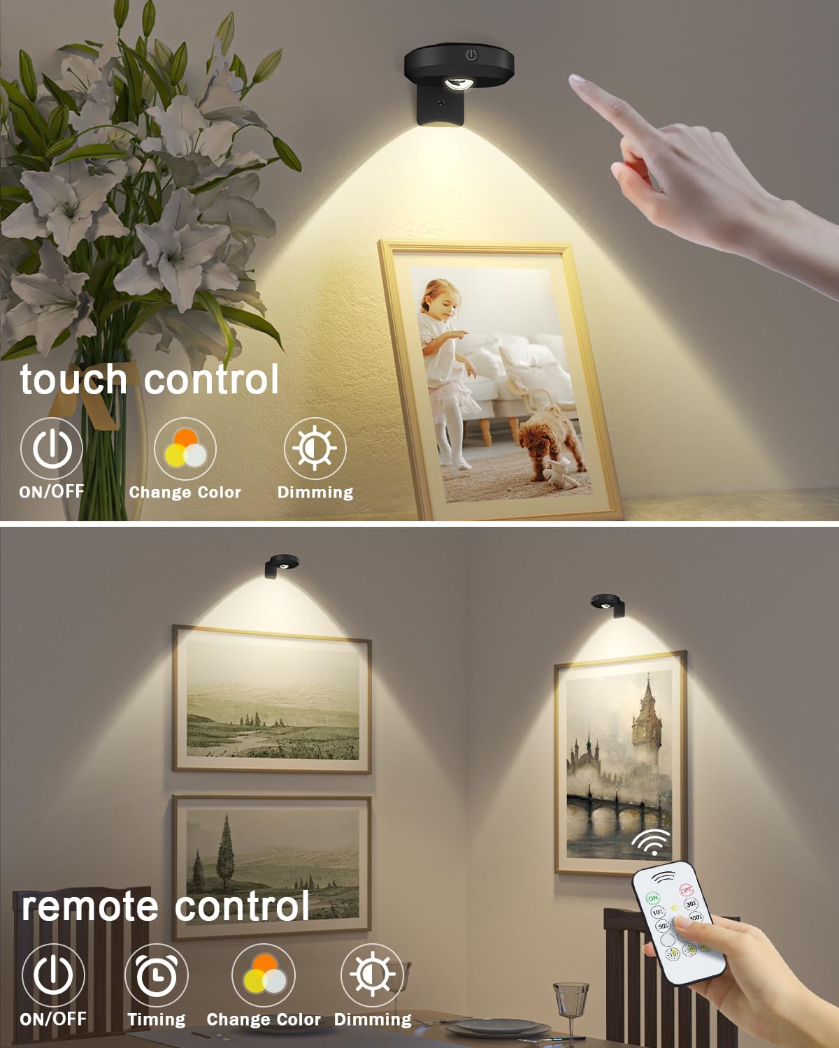 WILLED Picture Lights, 1200mAh Rechargeable, Dimmable & Timer, Narrow Beam, 3000K-6000K, Model WUS008, 3 Pack,