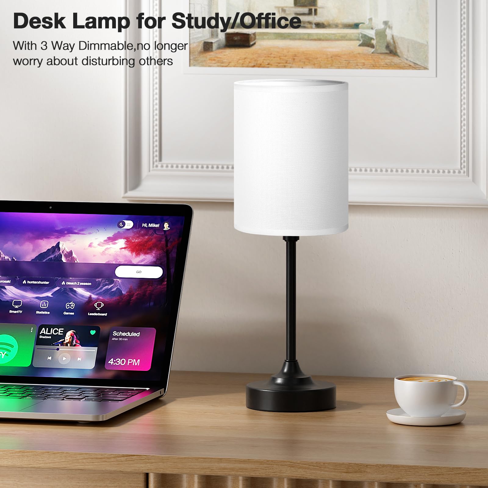 Dicoool Touch Bedside Table Lamp - 3 Way Dimmable, 14.6in, Metal and Fabric, White Shade - Black Base, Model 15-22