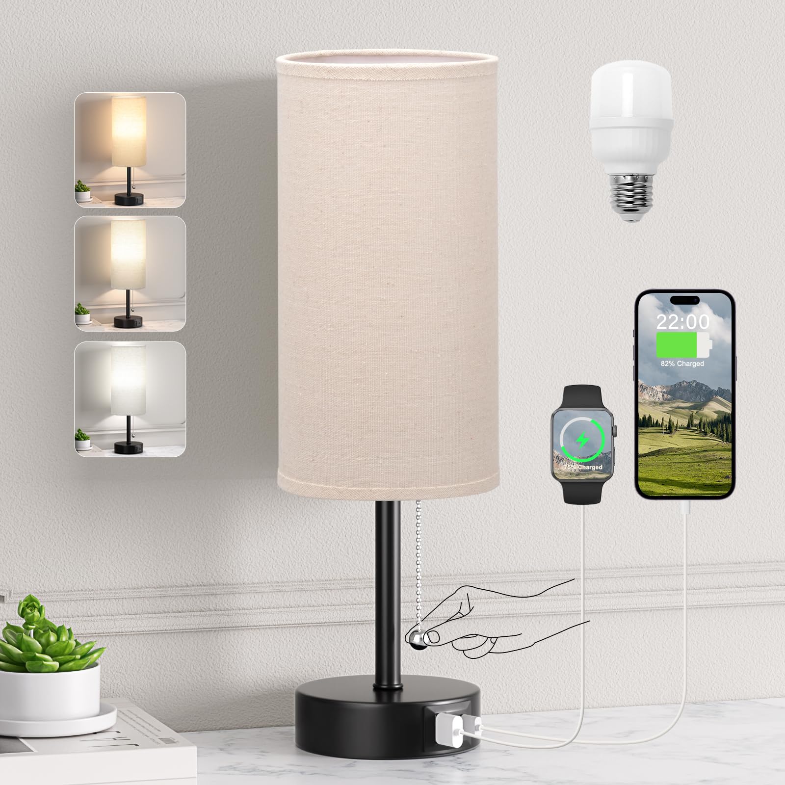 Small Bedside Lamp for Bedroom Nightstand - Table Lamp with USB A + C Charging Port, 3 Color Temperatures Pull Chain Night Stand