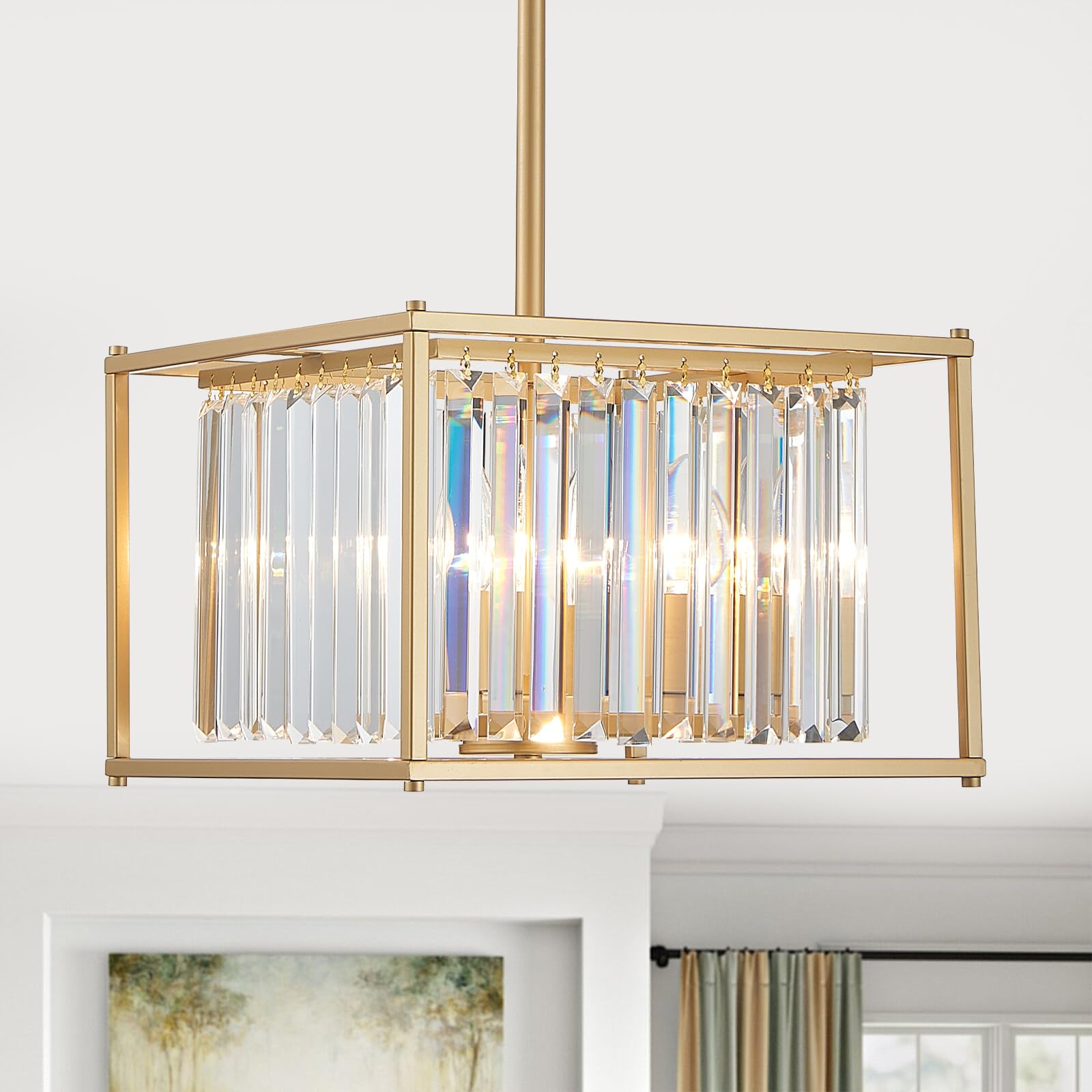 Cabvope Square Crystal Small Mini Chandeliers 4-Light Gold Pendant Dining Room Light Fixture 13 Modern Farmhouse Adjustable Hang