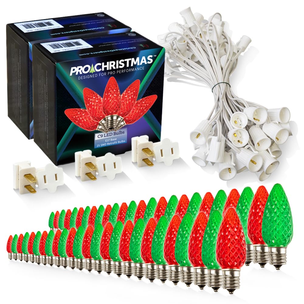 Pro Christmas C9 LED Christmas Light Kit for Rooflines & Pathways - DIY Cut to Length  Outdoor Commercial Grade (White Wire w/Vampire Plugs  50 Bulbs  50 ft) Red and Green
