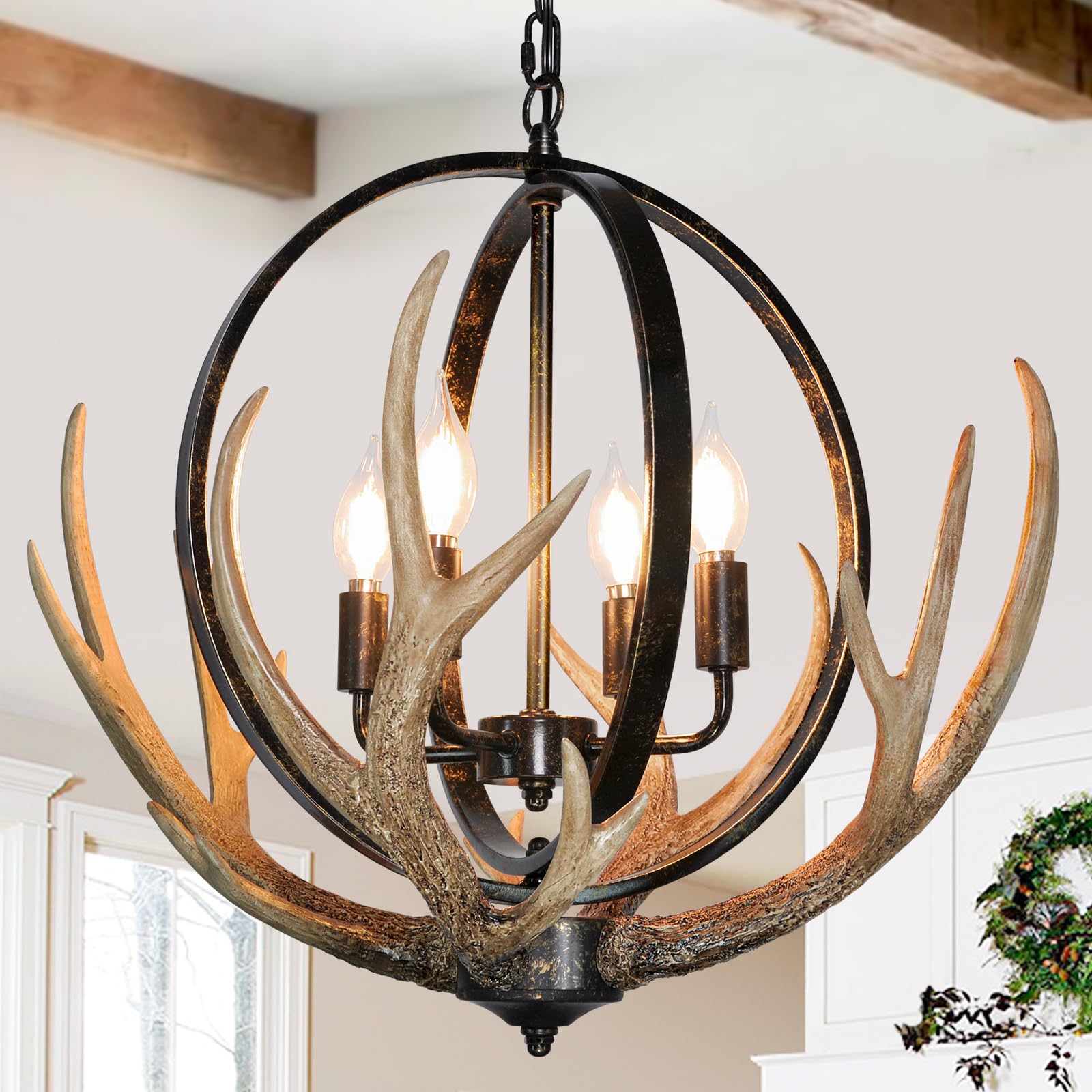 Debemenes Antler Chandelier 4 Lights, 20" Rustic Farmhouse Chandelier With Resin 4 Antlers And Retro Metal Globe Chandeliers Vintage Style For Dining Room, Kitchen, Entryway, Living Room