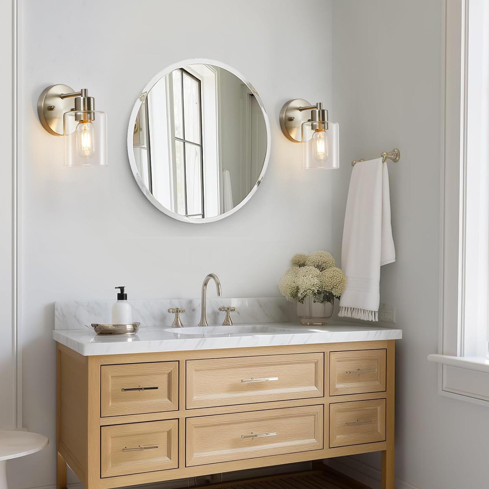 Wall Sconces For Bathroom  Brushed Nickel Vanity Light Fixtures  Modern Wall Mount Lighting Lanterns  Farmhouse Wall Lamps With Clear Glass Shade For Bedroom Living Room Mirror Hallway Porch(2Pack)