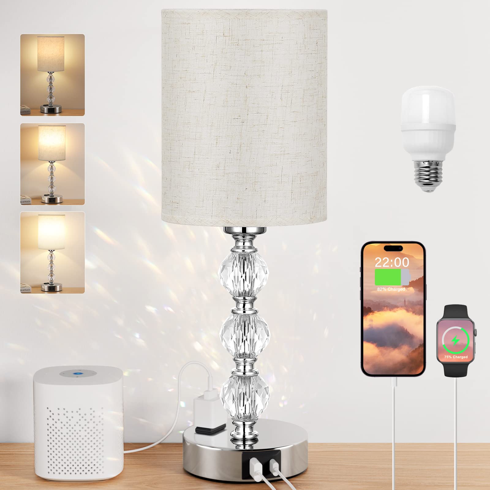 Acaxin White Crystal Table Lamp - 3-Way Dimmable With Usb C+A, 14.6In Nightstand Light For Bedroom, Living Room, Kitchen