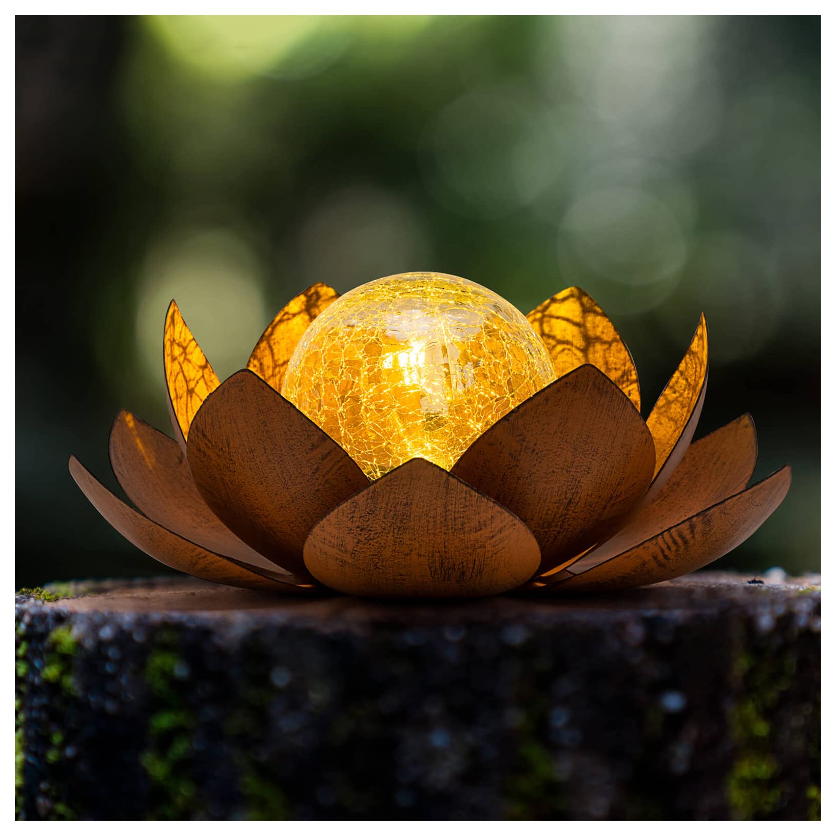Huaxu LED Lotus Flower Table Lamp - Outdoor Waterproof Garden Light - Metal & Glass - compatible with Rust Finish