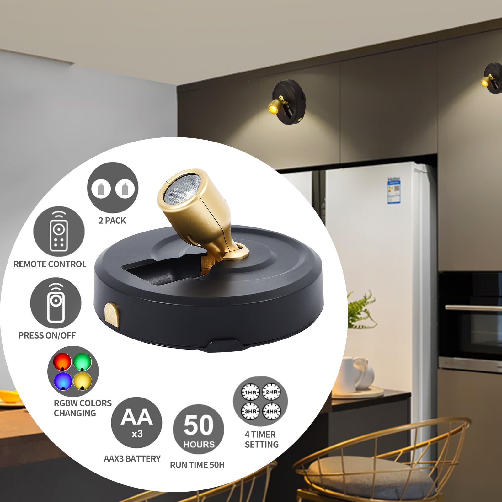 Battery Operated Spotlight, Wireless Picture Lights With Color Changing, Led Puck Light, Dimmable & Timer Accent Light With Remo