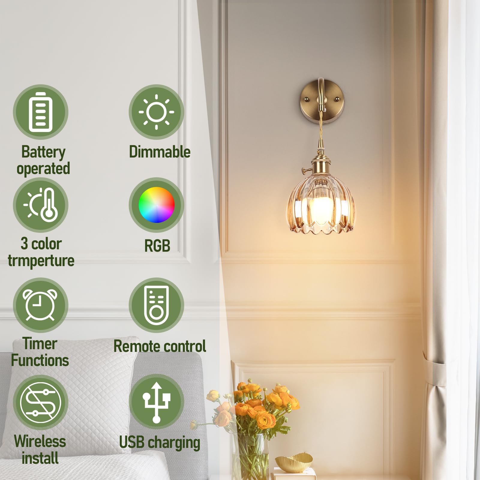 EIDEARAY Vintage Wall Sconces - Amber Tulip Glass, Battery Operated, Rechargeable RGB, Dimmable Remote Control, Model YLC-BRO3TB