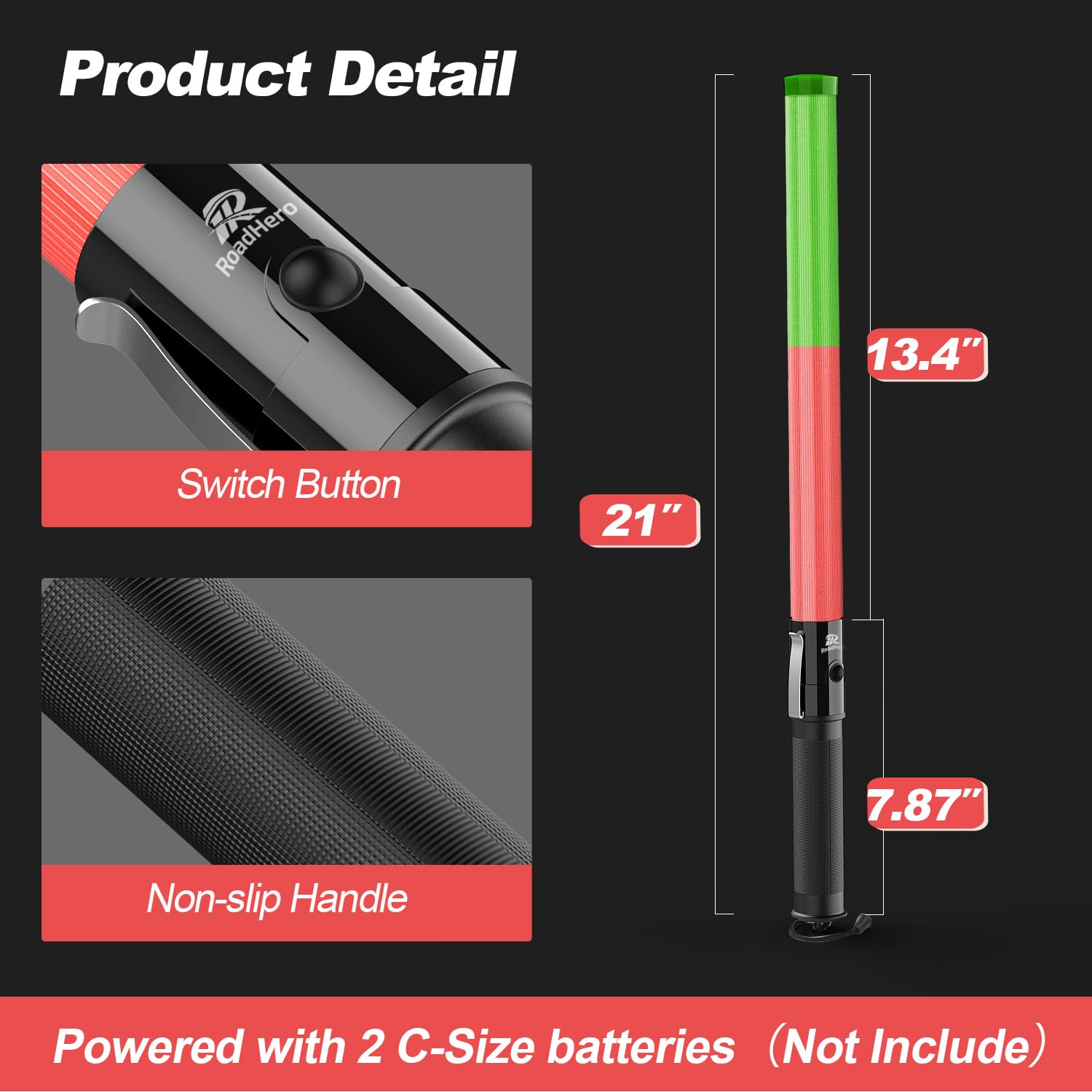 Roadhero 2 Pack 21Inch Traffic Wands, Red & Green Led Traffic Control Baton, Safety Light Wand With 3 Flashing Modes, Air Marshaling Signal Wand With Side Clip For Airport, Parking, Car Directing