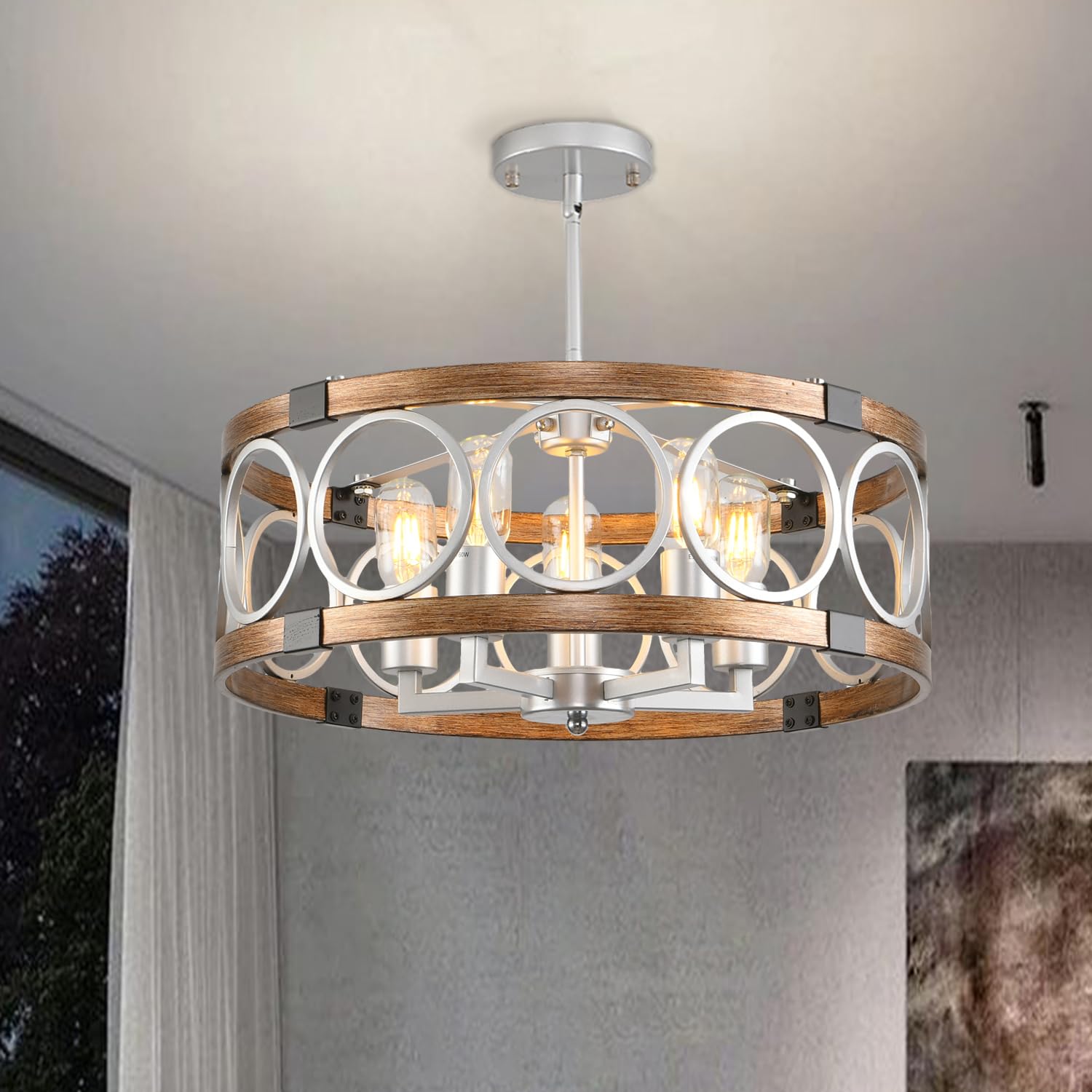 SHIANDAR Flush Mount Ceiling Light, 5-Light Silver Drum Chandelier, Modern Farmhouse Pendant for Kitchen, Model TYdk-mw All240206