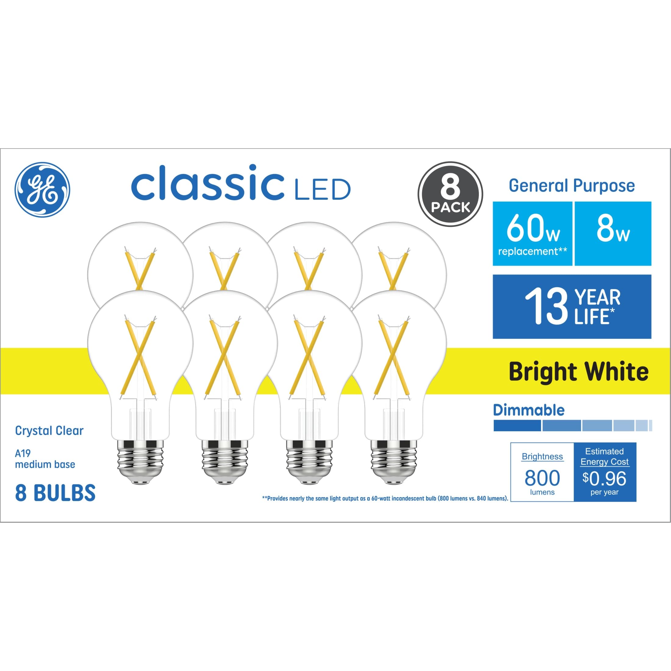 Ge Classic Led Light Bulbs, 60 Watt, Bright White, A19 Bulbs (8 Pack)