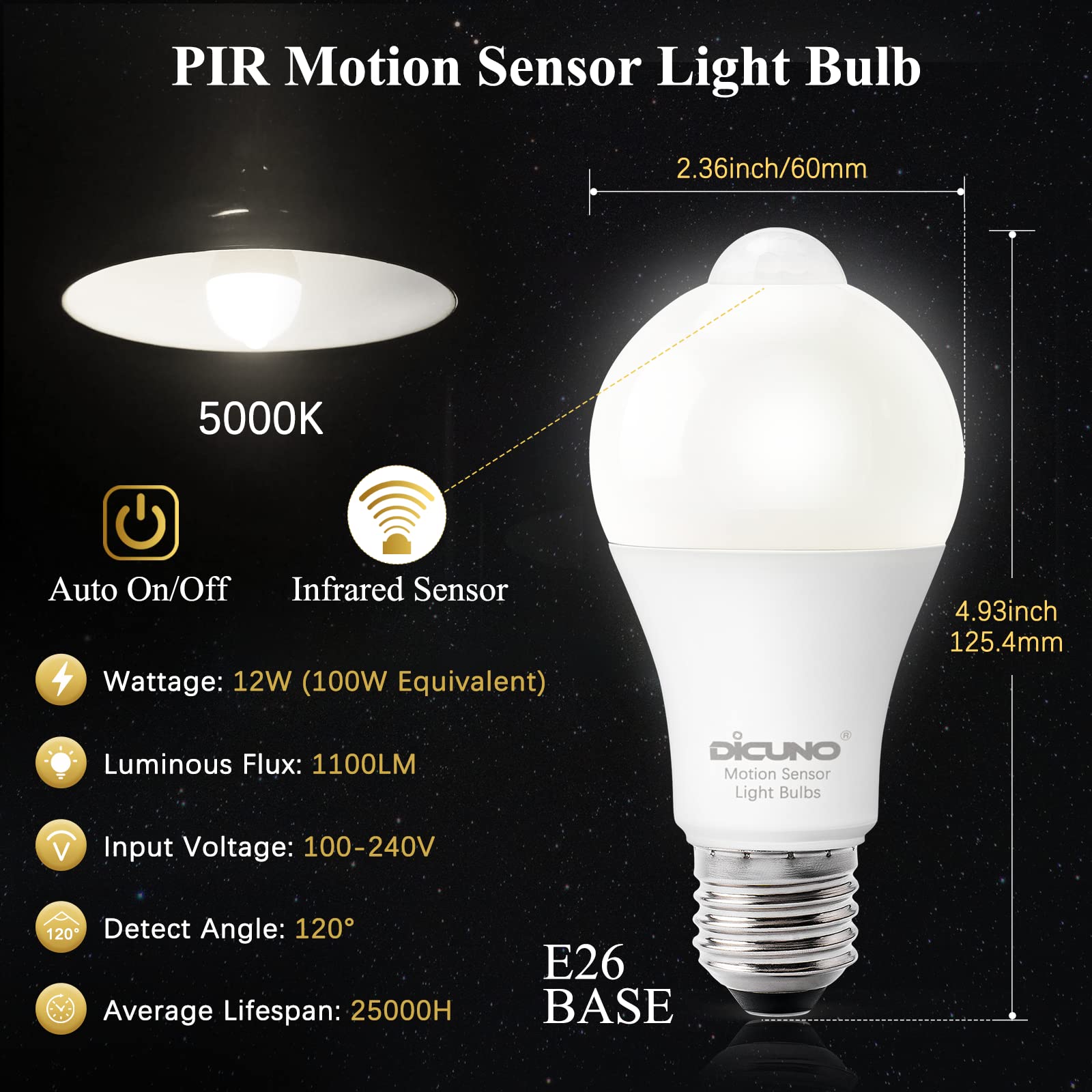 DiCUNO LED Motion Sensor Light Bulbs, 12W Equivalent, Daylight White 5000K, 1100LM, E26 Base, 2 Pack for Indoor/Outdoor Use