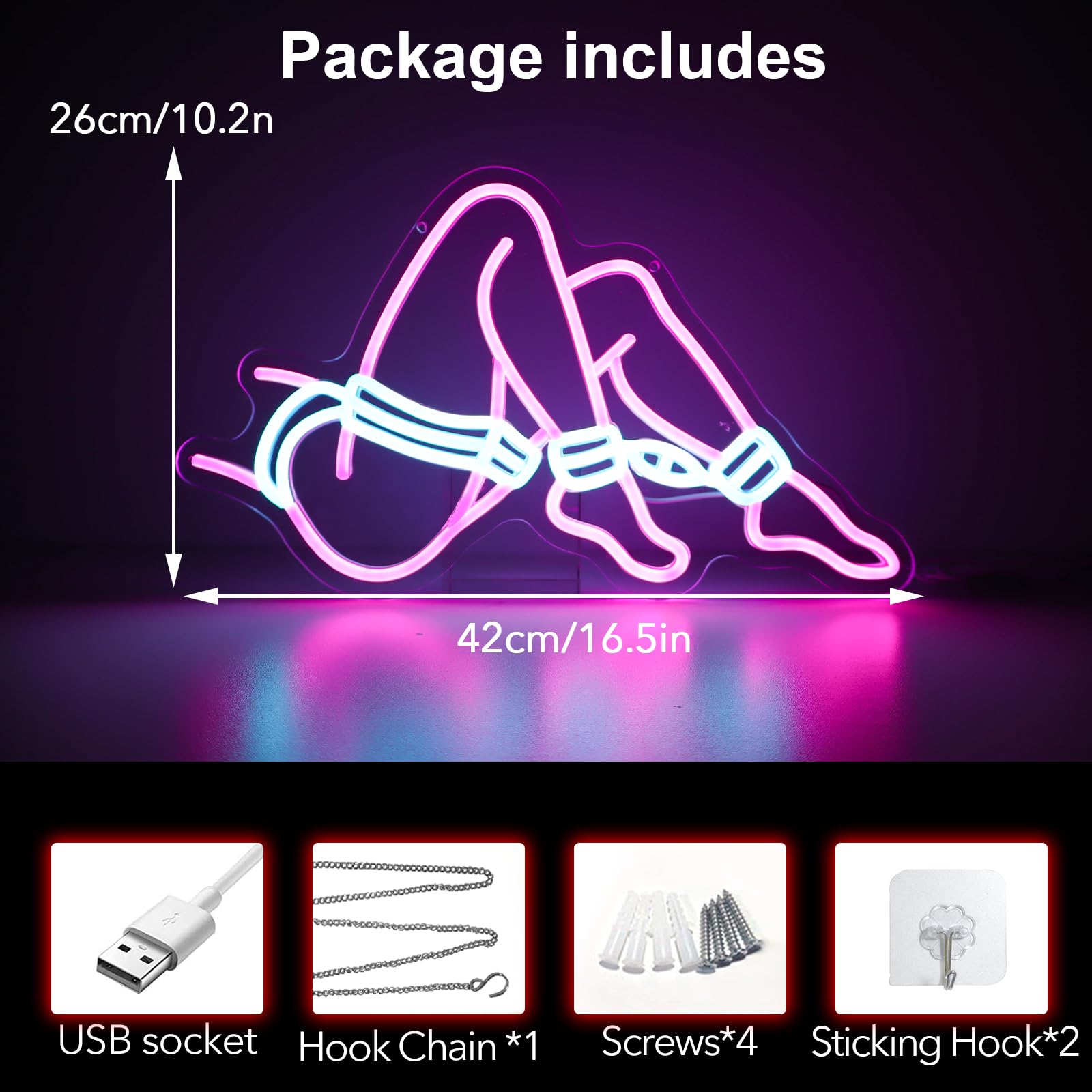 Jesalah LED Neon Sign - Hamburger  y Legs Decor, 26 x 42 cm, Yellow Blue Red, Model CX--Lady Leg