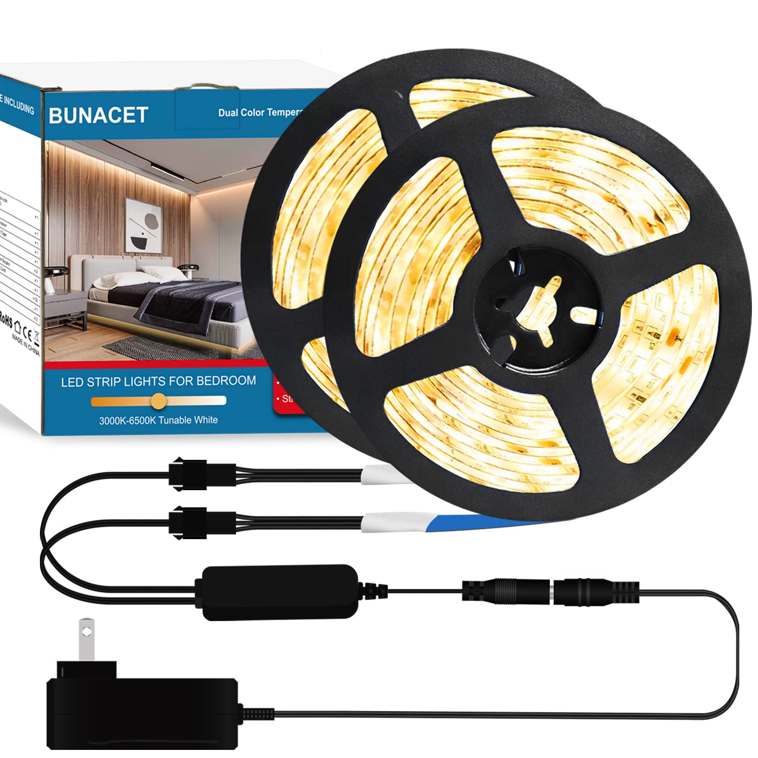 BUNACET 52ft White LED Strip Lights with Remote (26ft/Roll) Warm White Bright LED Tape Light for Bedroom 12V LED Light Strips Di
